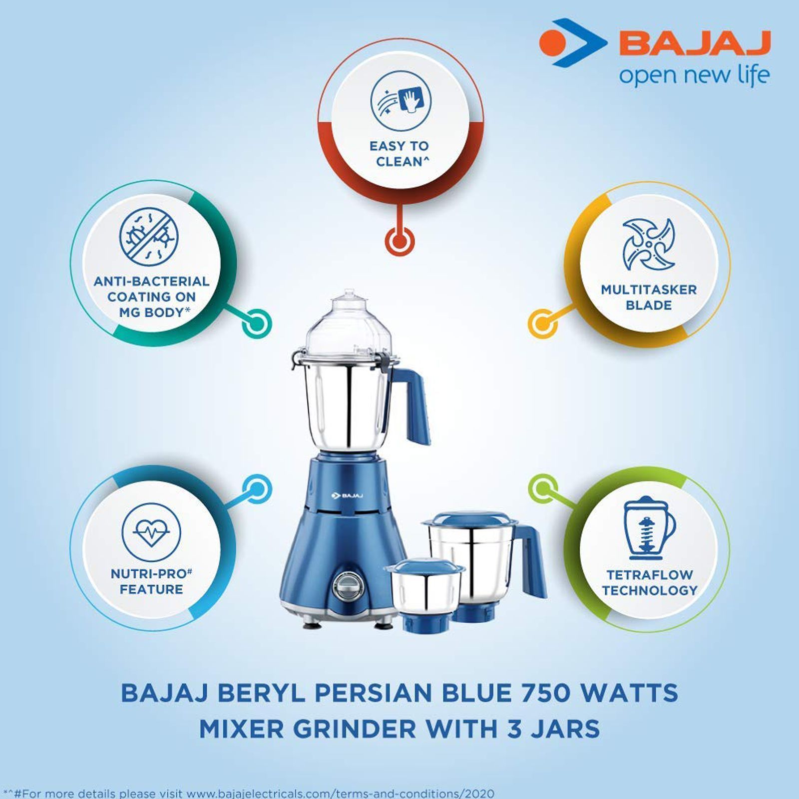 BAJAJ Beryl 750 Watt 3 Jars Mixer Grinder (18000 RPM, Tetra Flow Technology, Persian Blue) BAJAJ Beryl 750 Watt 3 Jars Mixer Grinder (18000 RPM, Tetra Flow Technology, Persian Blue)_5