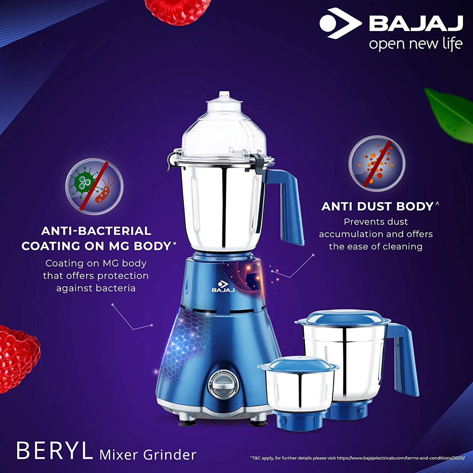 BAJAJ Beryl 750 Watt 3 Jars Mixer Grinder (18000 RPM, Tetra Flow Technology, Persian Blue) BAJAJ Beryl 750 Watt 3 Jars Mixer Grinder (18000 RPM, Tetra Flow Technology, Persian Blue)_6