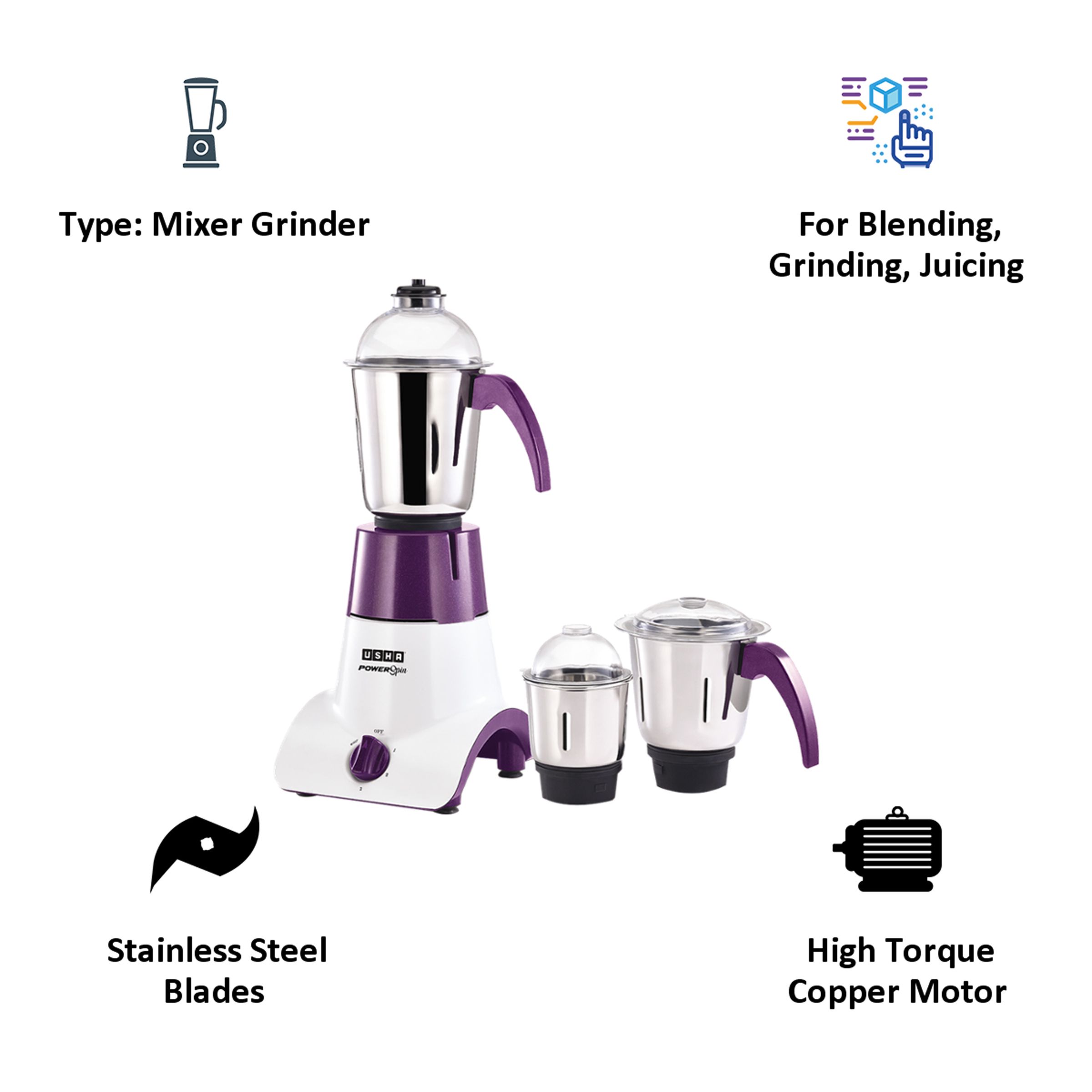 Usha Power Spin 750 Watts 3 Jars Mixer Grinder (High Torque Copper Motor, PS750M13, Purple)_5