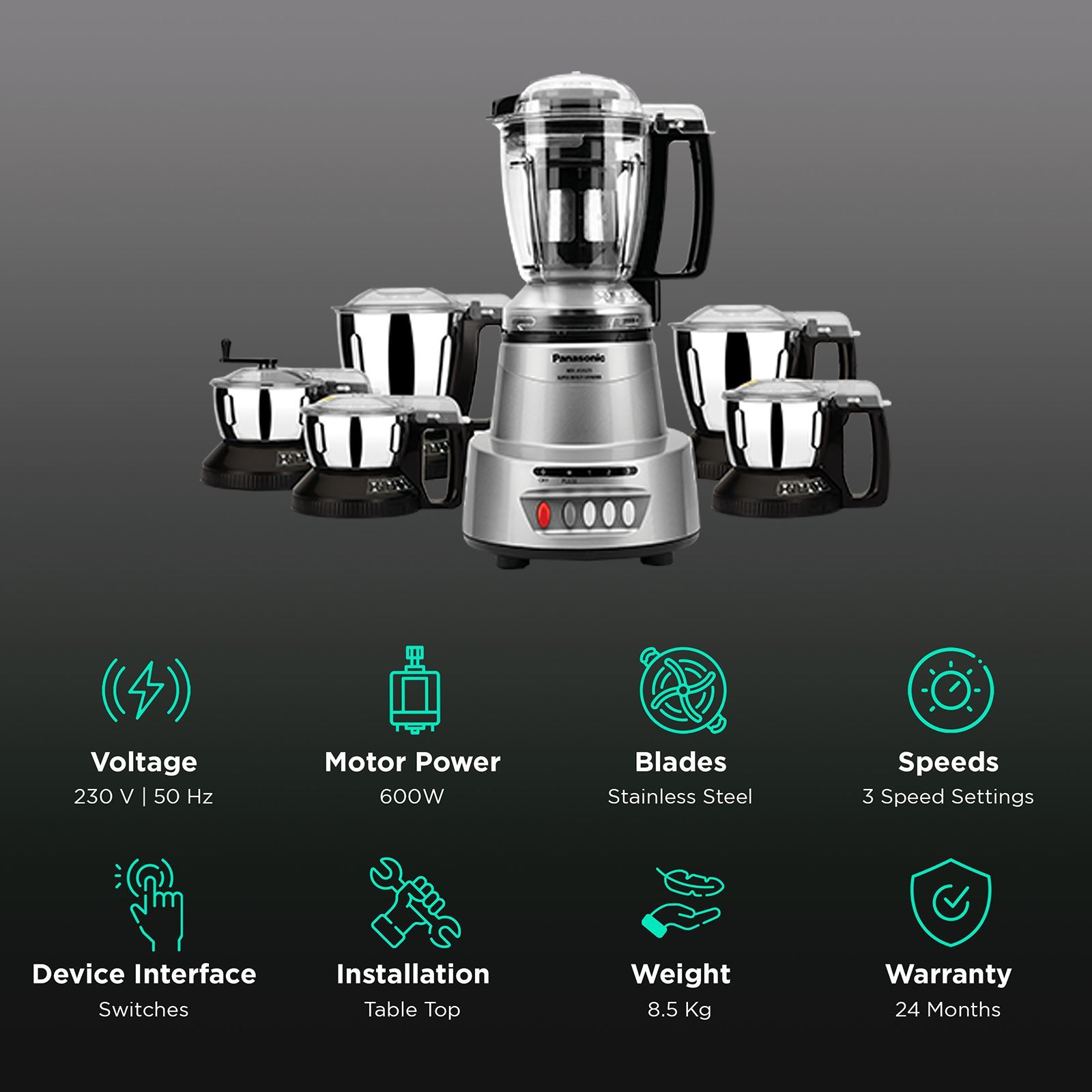 Panasonic Elements 600 Watts 6 Jars Mixer Grinder (Oil Seal Protection System, MX-AV625ES, Earthy Silver)_2
