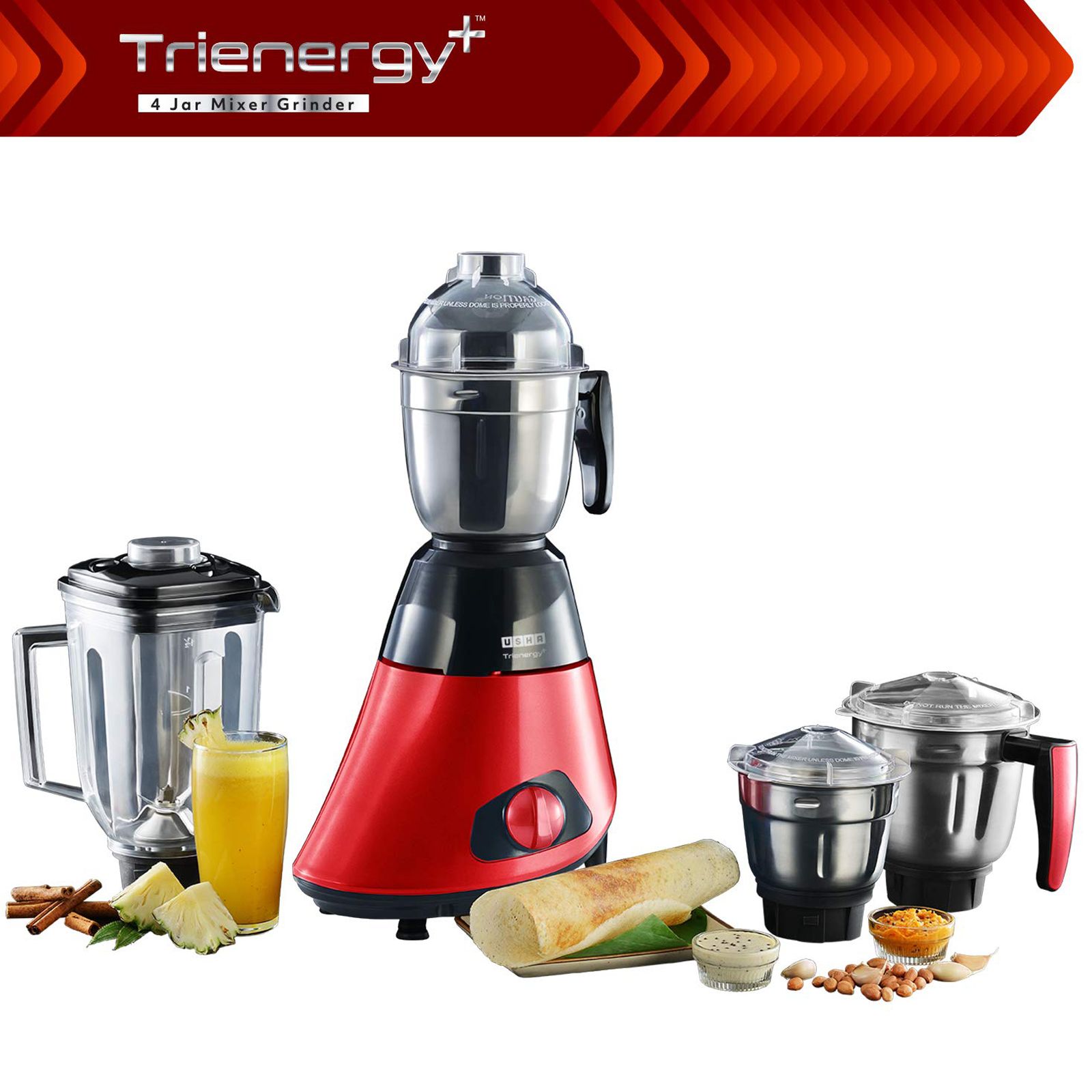 USHA Trienergy Plus 800 Watts 4 Jars Mixer Grinder (High Torque Copper Motor, TP800MX4, Red)_8