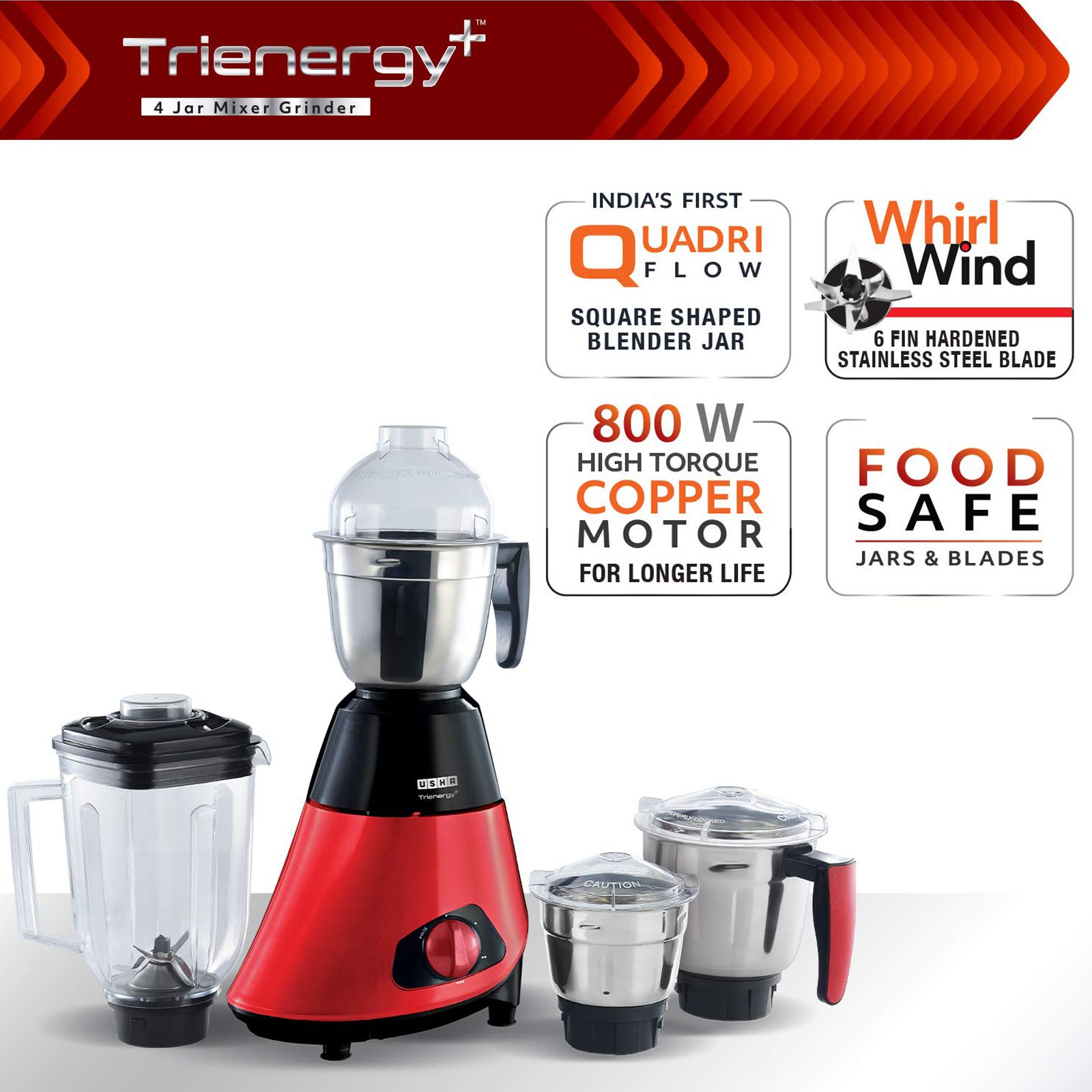 USHA Trienergy Plus 800 Watts 4 Jars Mixer Grinder (High Torque Copper Motor, TP800MX4, Red)_10