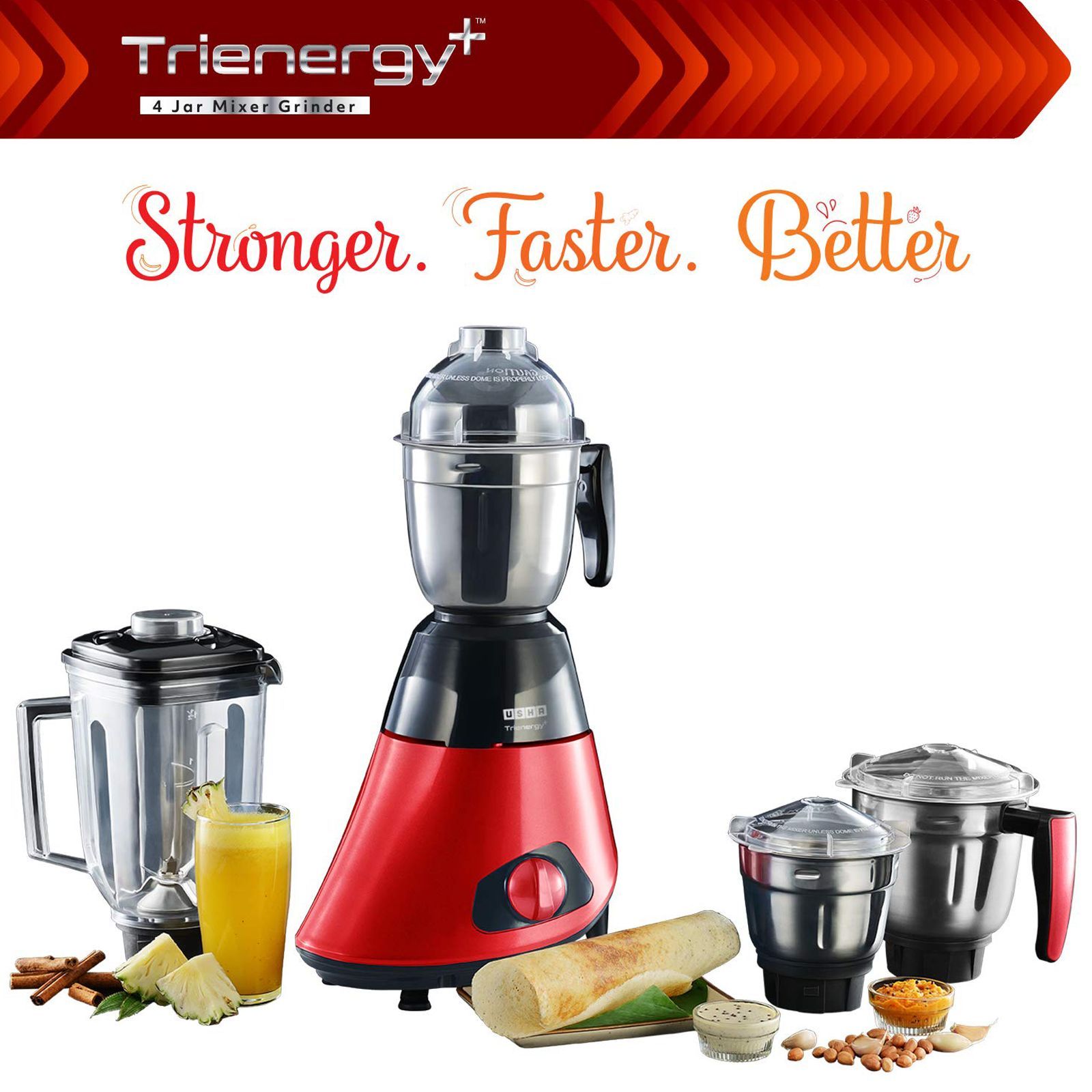 USHA Trienergy Plus 800 Watts 4 Jars Mixer Grinder (High Torque Copper Motor, TP800MX4, Red)_11