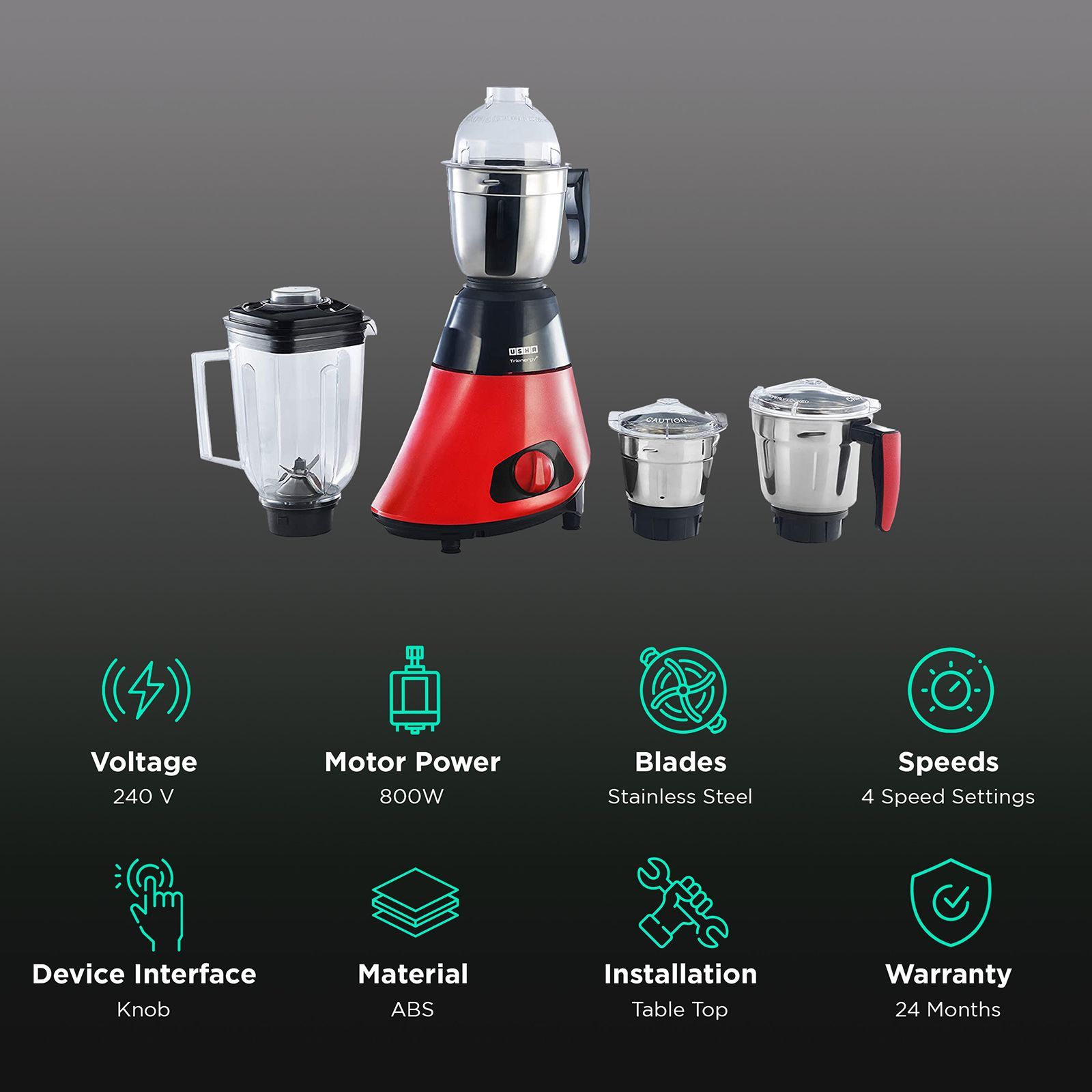 USHA Trienergy Plus 800 Watts 4 Jars Mixer Grinder (High Torque Copper Motor, TP800MX4, Red)_2