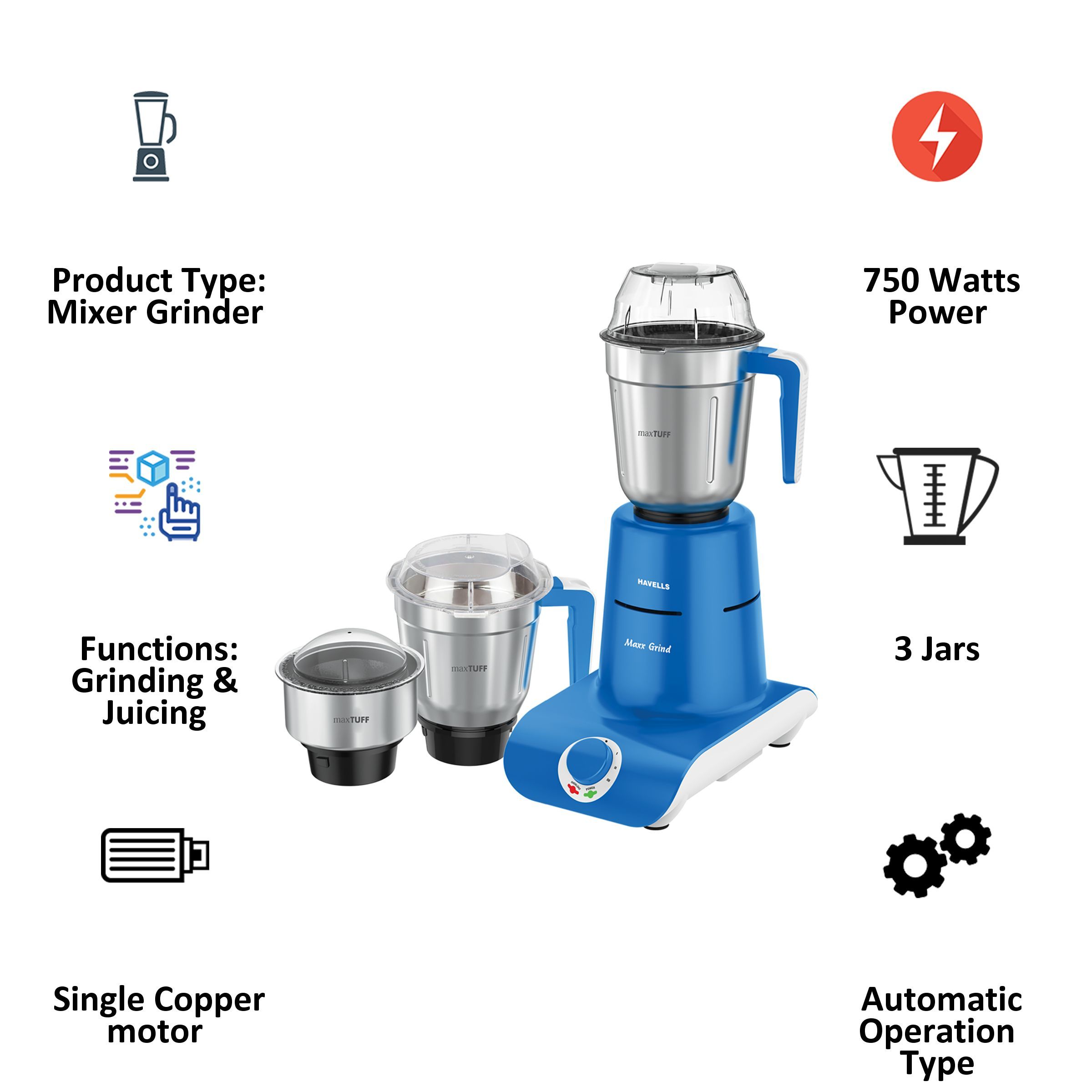 Havells Maxx Grind Plus 750 Watts 3 Jars Mixer Grinder (Transparent Polycarbonate Lid, GHFMGBKB075, Blue) Havells Maxx Grind Plus 750 Watts 3 Jars Mixer Grinder (Transparent Polycarbonate Lid, GHFMGBKB075, Blue)_5