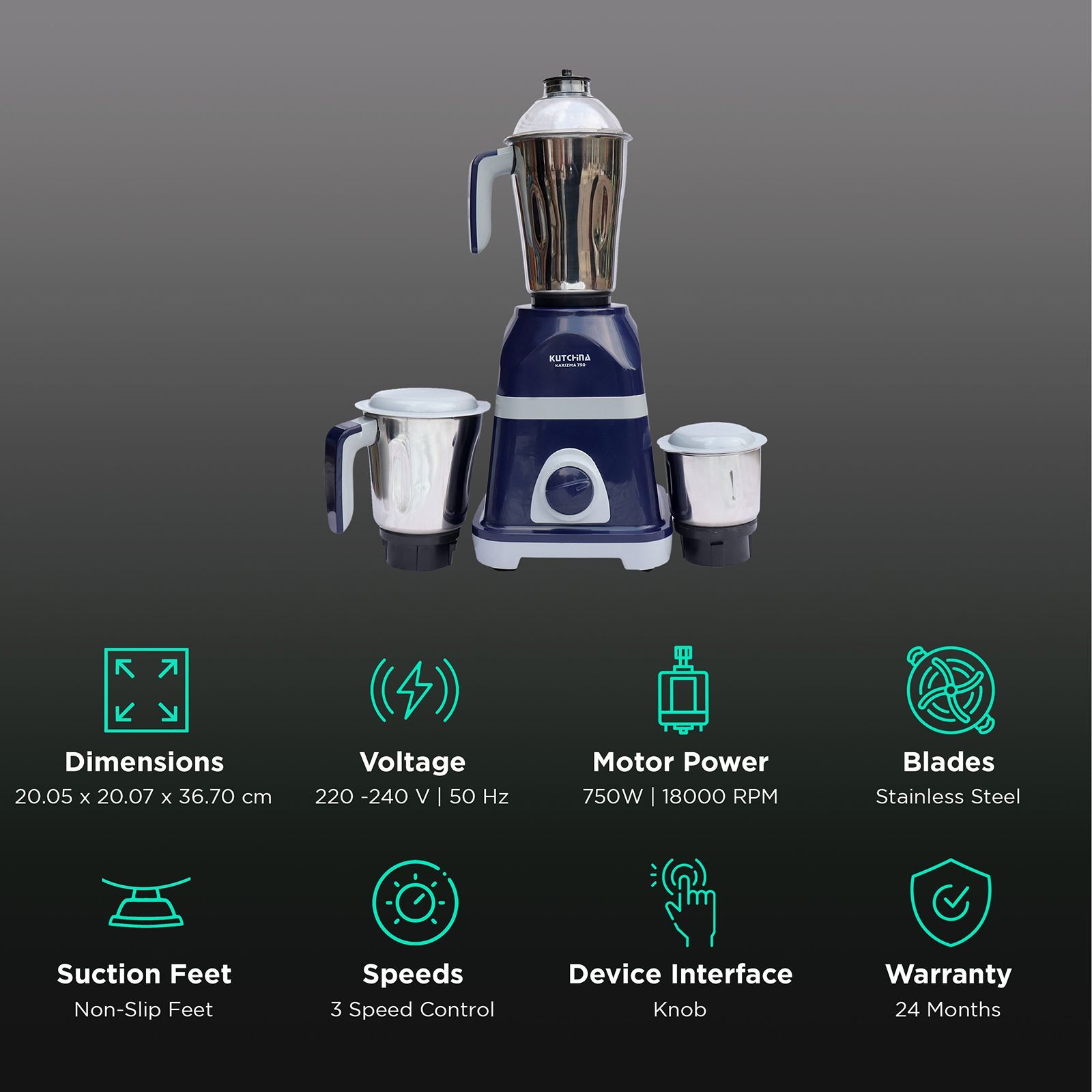 Kutchina MISI KARIZMA 750 Watt 3 Jars Mixer Grinder (18000 RPM, Anti Skid Feet, Blue)_2
