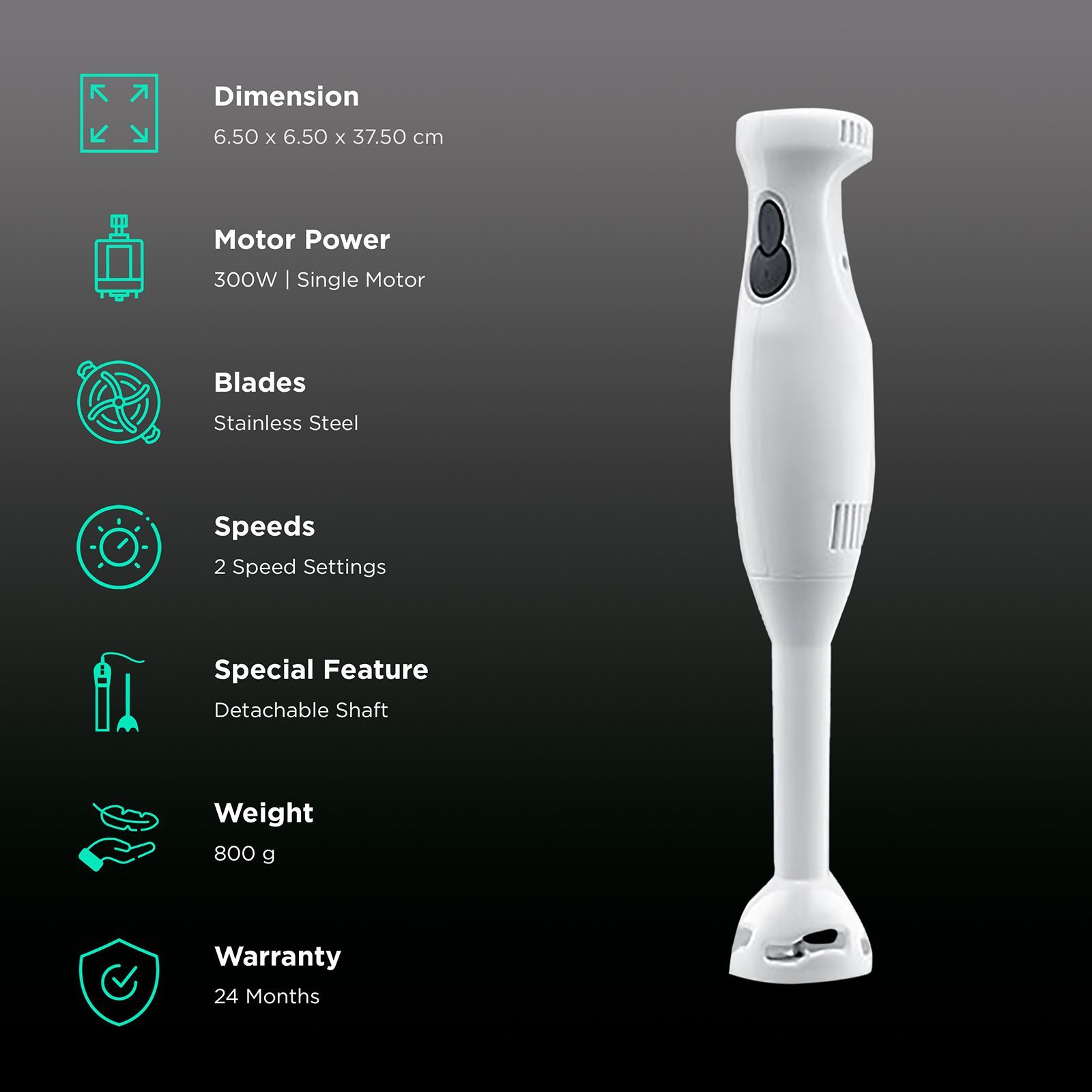 Kutchina Bliss Plus 300 Watt 2 Speed Hand Blender (Versatility & High Performance, White)_2