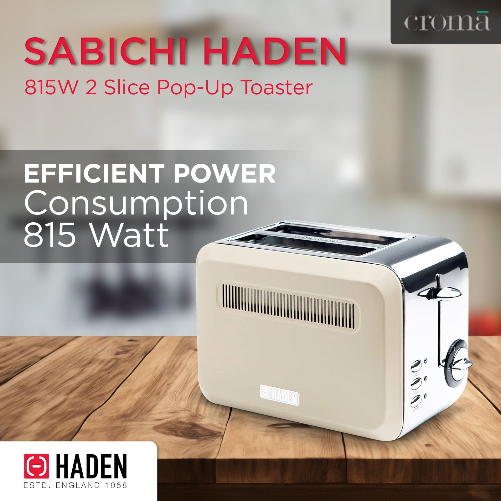 sabichi Haden Boston 815W 2 Slice Pop-Up Toaster with Chrome Base (Cream)_7