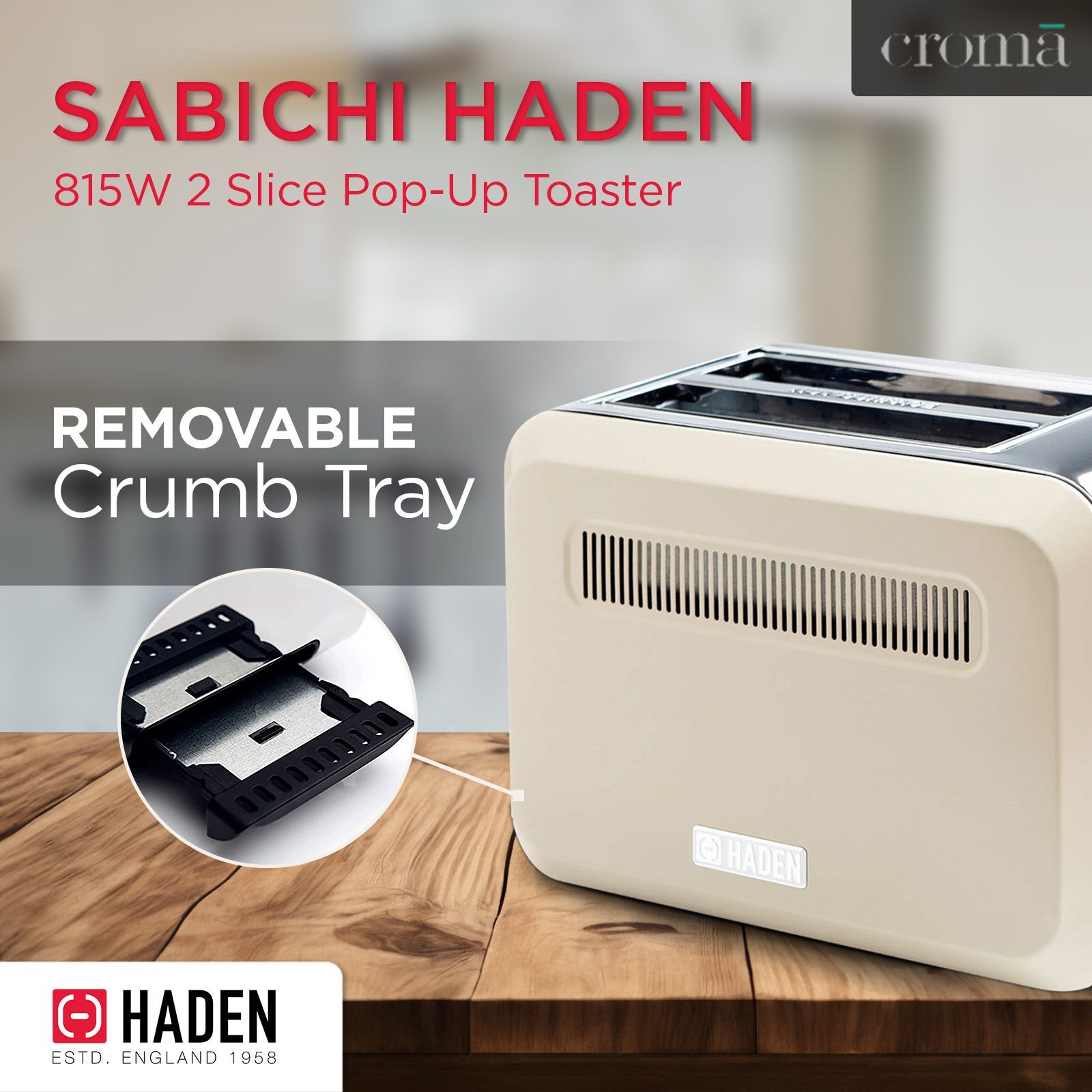 sabichi Haden Boston 815W 2 Slice Pop-Up Toaster with Chrome Base (Cream)_8