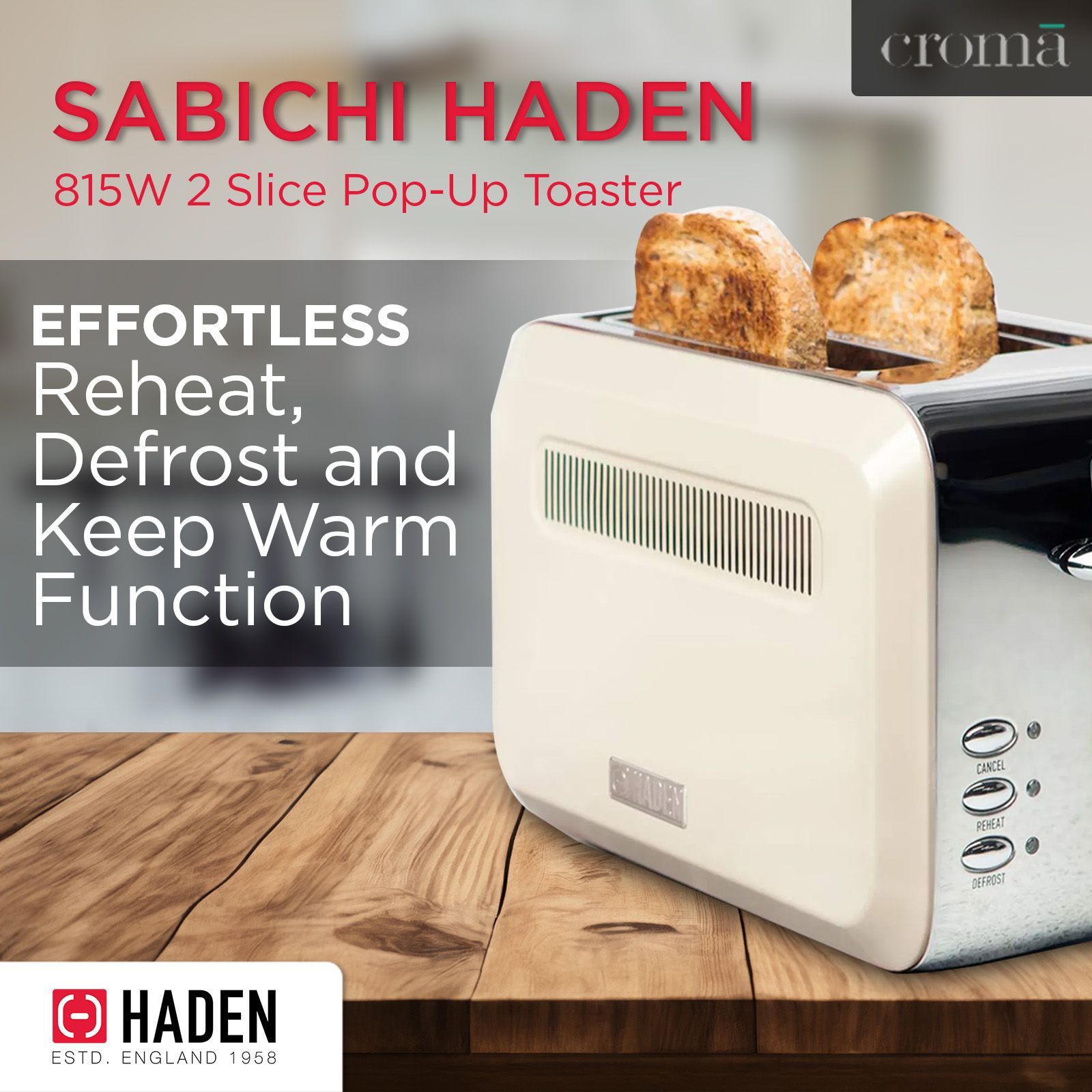 sabichi Haden Boston 815W 2 Slice Pop-Up Toaster with Chrome Base (Cream)_9