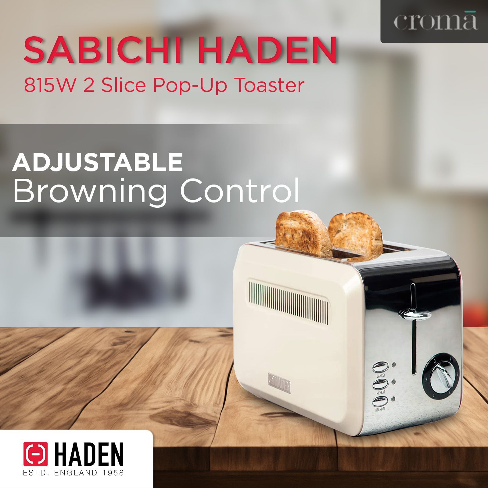 sabichi Haden Boston 815W 2 Slice Pop-Up Toaster with Chrome Base (Cream)_10