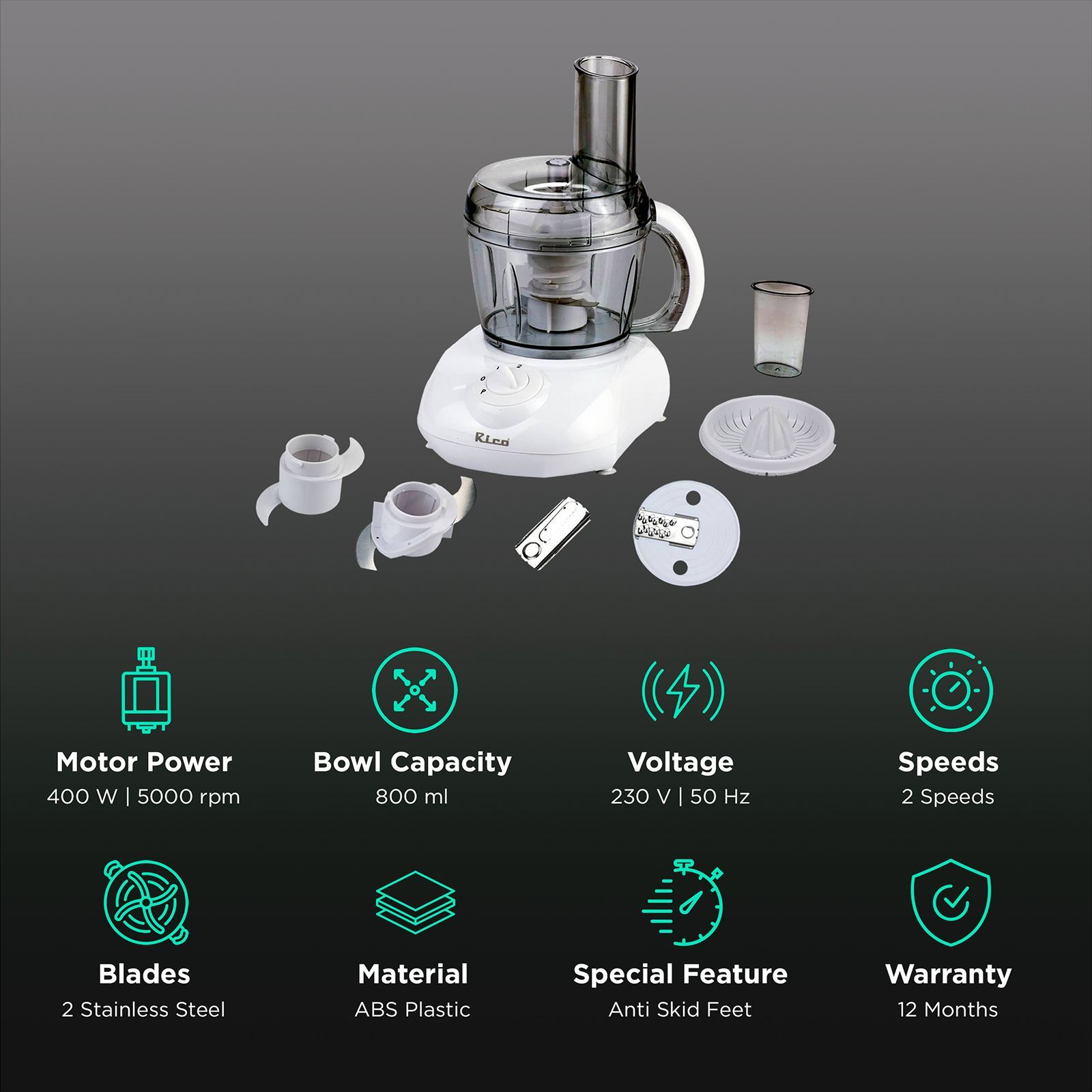 Rico Food Factory 400 Watt Food Processor with 2 Blades (White)_2