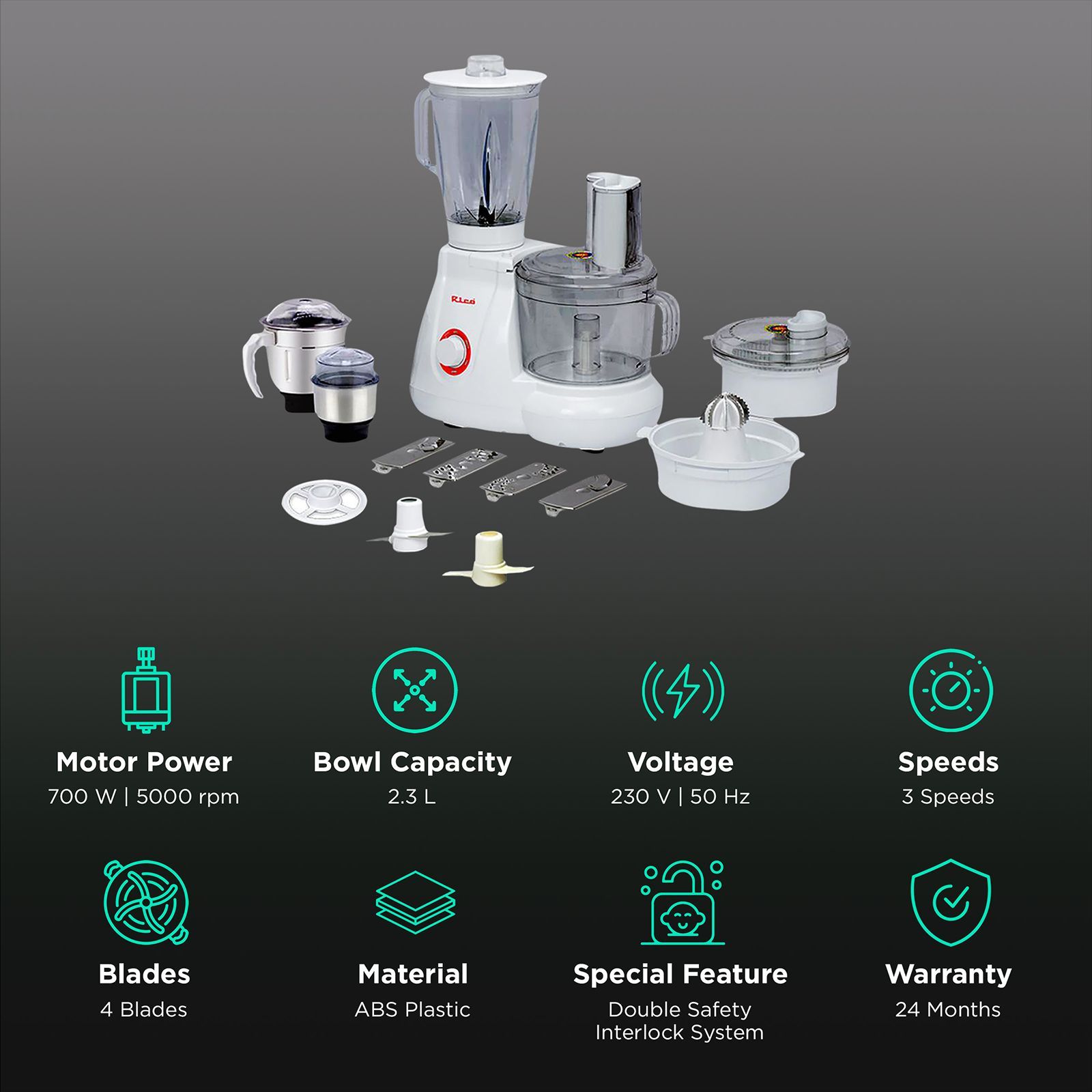 Rico 700 Watt Food Processor with 2 Blades (White)_2