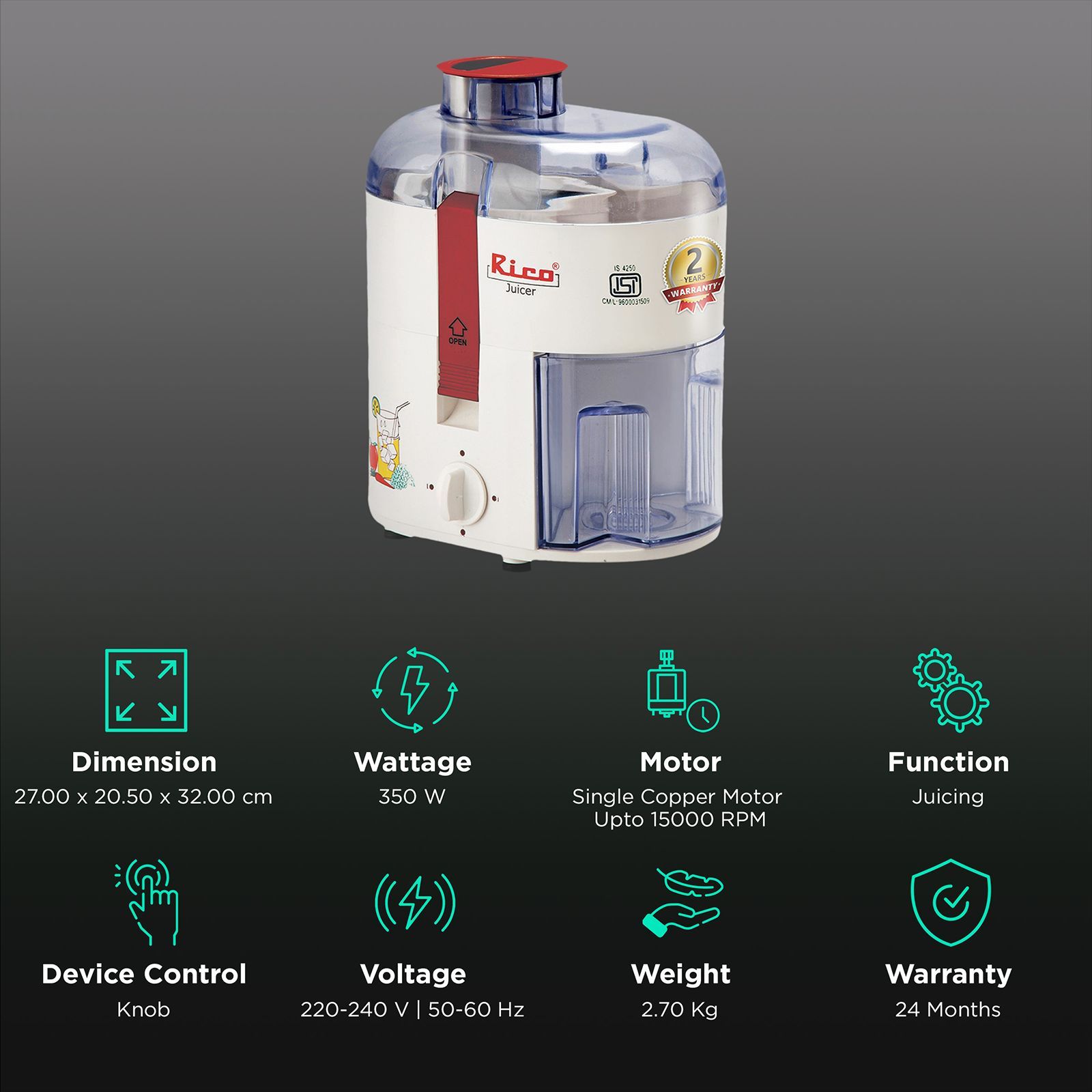 Rico 350 Watt Centrifugal Juicer (15000 RPM, Super Powerful Motor, White)_2