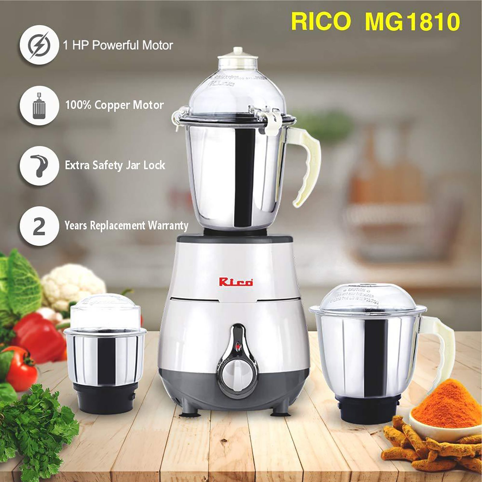 Rico 750 Watt 3 Jars Mixer Grinder (18000 RPM, Overload Protection, White)_11
