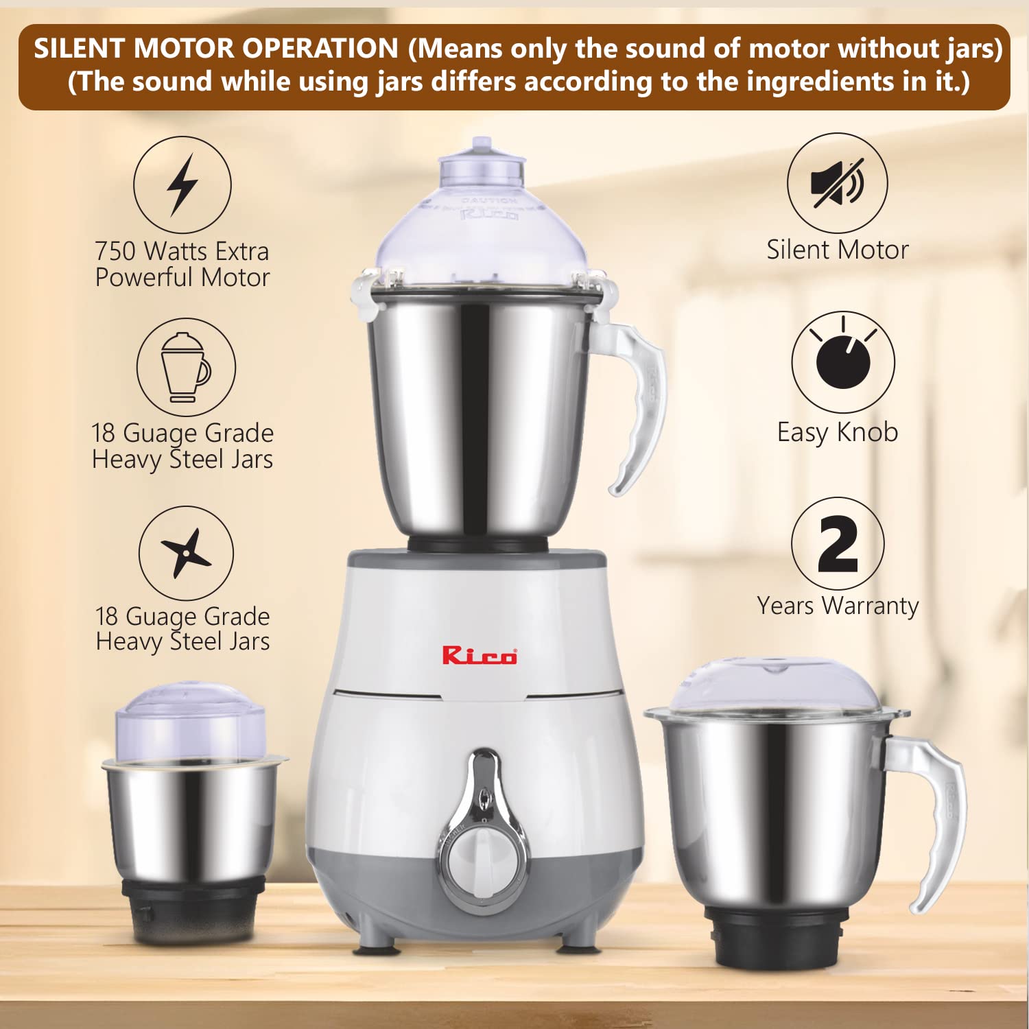 Rico 750 Watt 3 Jars Mixer Grinder (18000 RPM, Overload Protection, White)_14