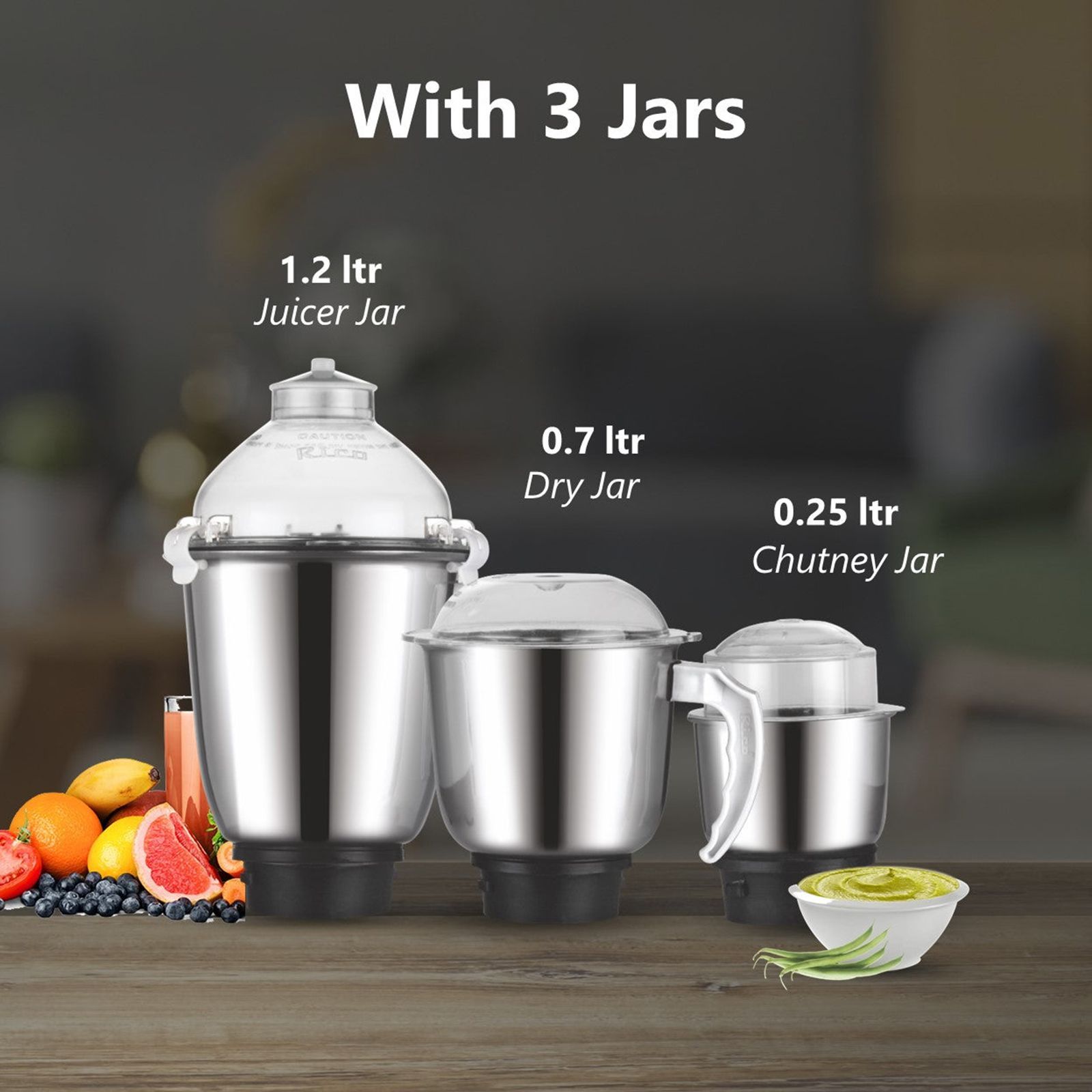 Rico 750 Watt 3 Jars Mixer Grinder (18000 RPM, Overload Protection, White)_17