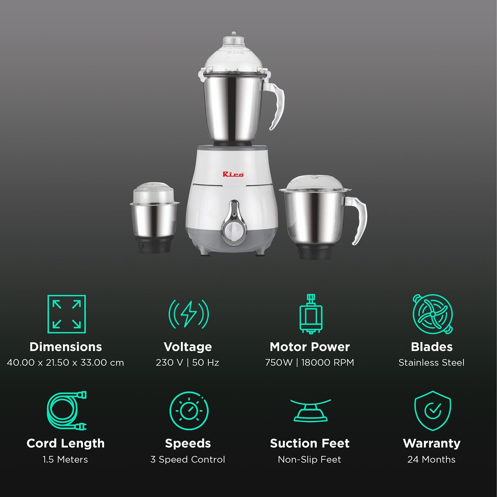 Rico 750 Watt 3 Jars Mixer Grinder (18000 RPM, Overload Protection, White)_2