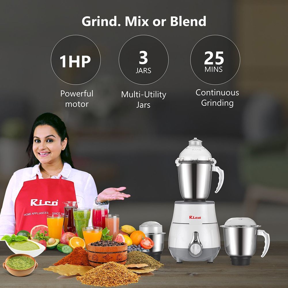 Rico 750 Watt 3 Jars Mixer Grinder (18000 RPM, Overload Protection, White)_8