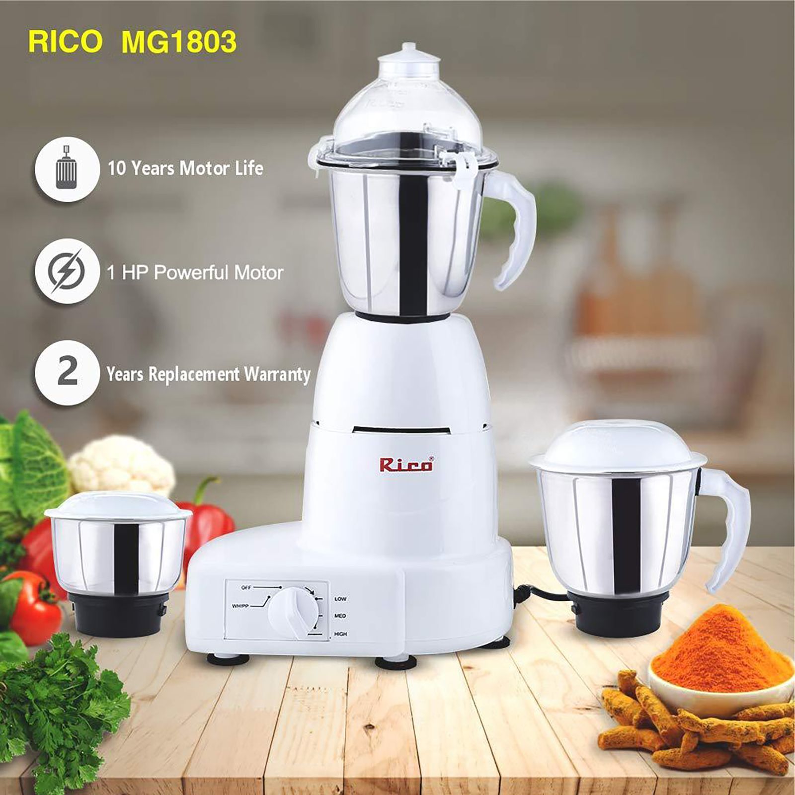 Rico MG 1803 750 Watt 3 Jars Mixer Grinder (18000 RPM, 3 Speed Control with Whip Option, White)_13