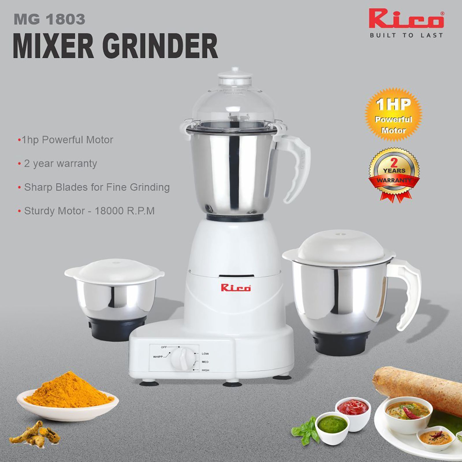 Rico MG 1803 750 Watt 3 Jars Mixer Grinder (18000 RPM, 3 Speed Control with Whip Option, White)_15