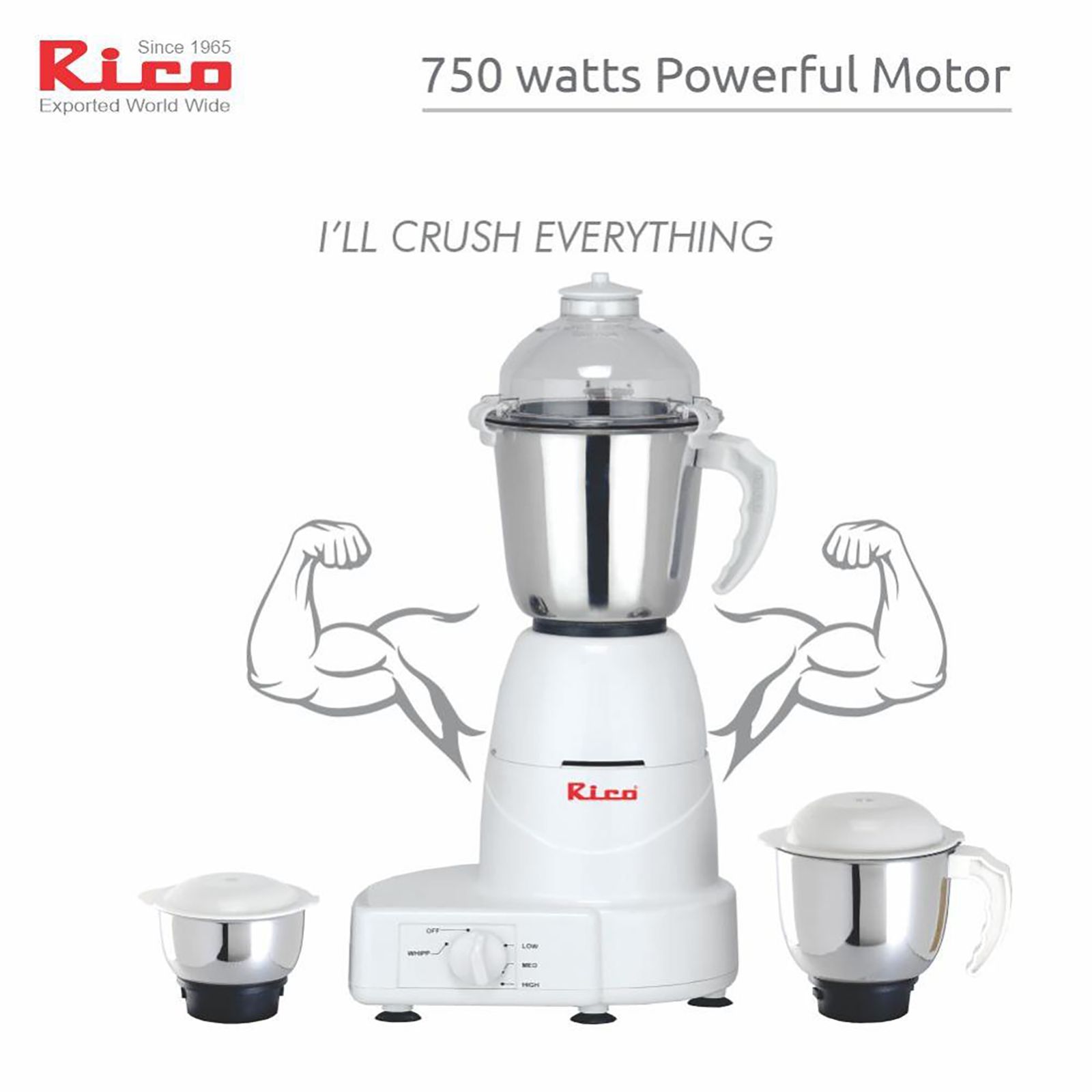 Rico MG 1803 750 Watt 3 Jars Mixer Grinder (18000 RPM, 3 Speed Control with Whip Option, White)_16