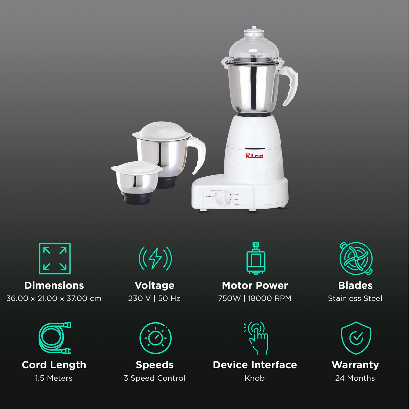 Rico MG 1803 750 Watt 3 Jars Mixer Grinder (18000 RPM, 3 Speed Control with Whip Option, White)_2