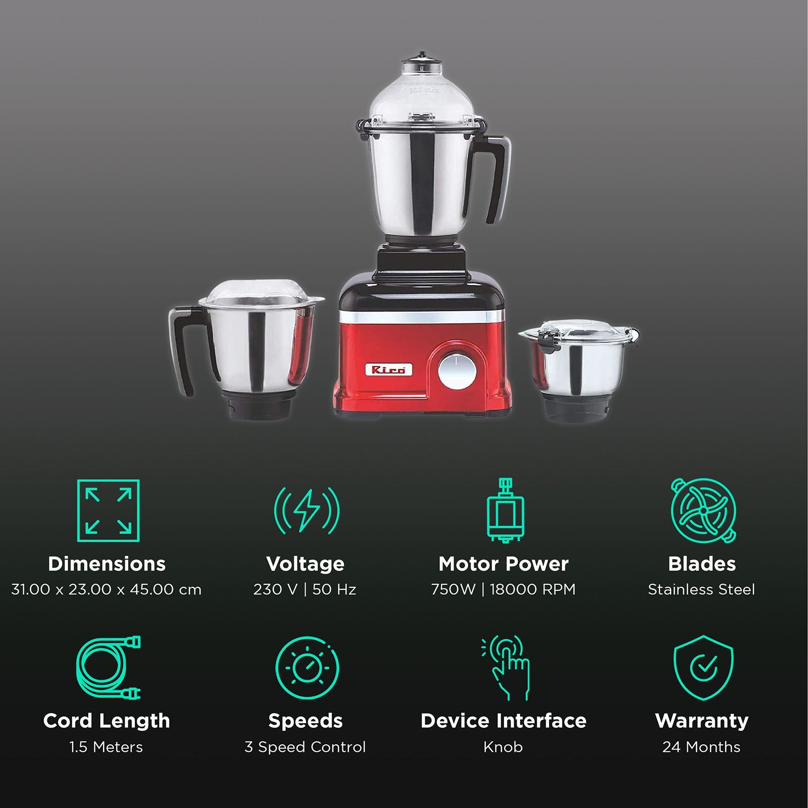 Rico MG1808 750 Watt 3 Jars Mixer Grinder (18000 RPM, 3 Speed Control with Whip Option, Red)_2