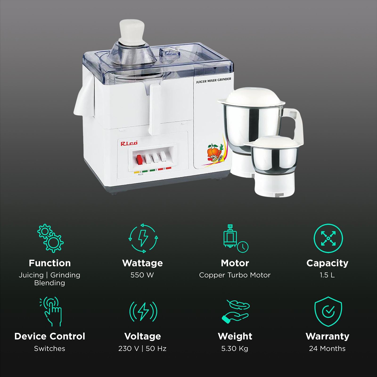 Rico 550 Watt 2 Jars Juicer Mixer Grinder (18000 RPM, Super Powerful Motor, White)_2