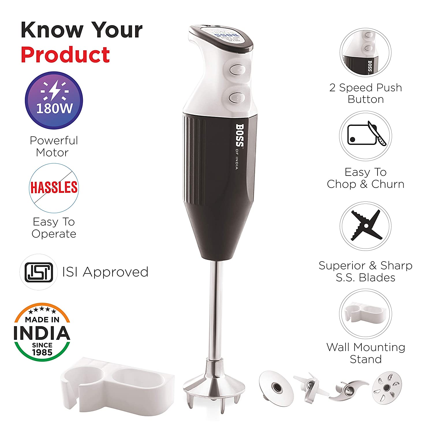 BOSS Genius 180 Watt 2 Speed Hand Blender with 4 Attachments (Push Button Control, Twin Black)_11