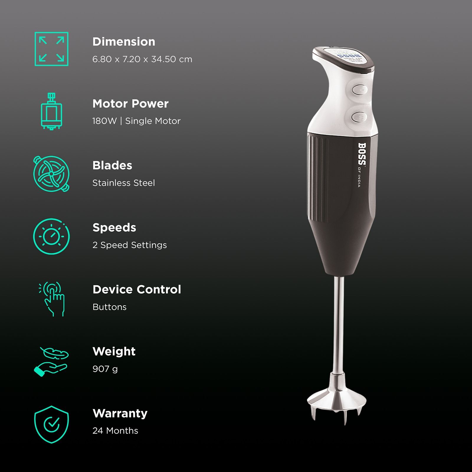 BOSS Genius 180 Watt 2 Speed Hand Blender with 4 Attachments (Push Button Control, Twin Black)_2