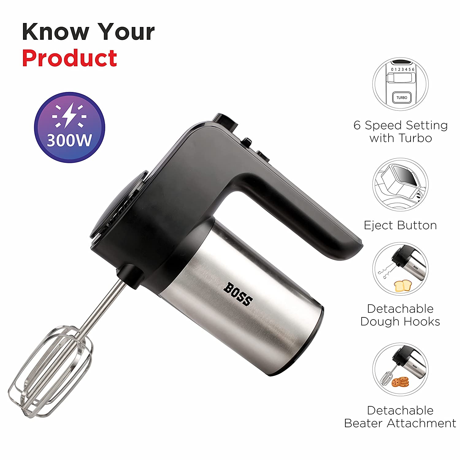BOSS Whipmix 300 Watt 6 Speed Hand Mixer with 4 Attachments (Powerful Motor, Black)_6