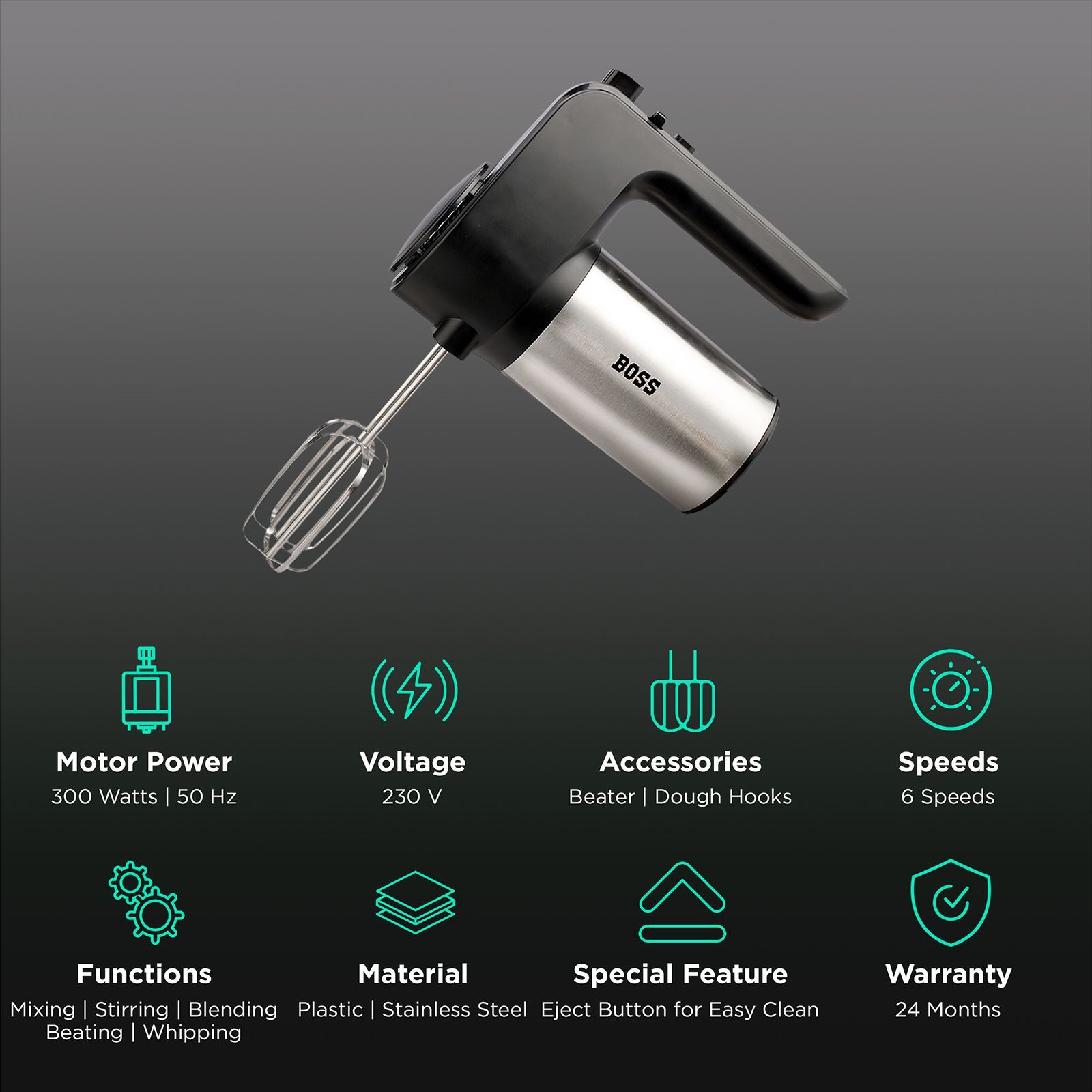 BOSS Whipmix 300 Watt 6 Speed Hand Mixer with 4 Attachments (Powerful Motor, Black)_2