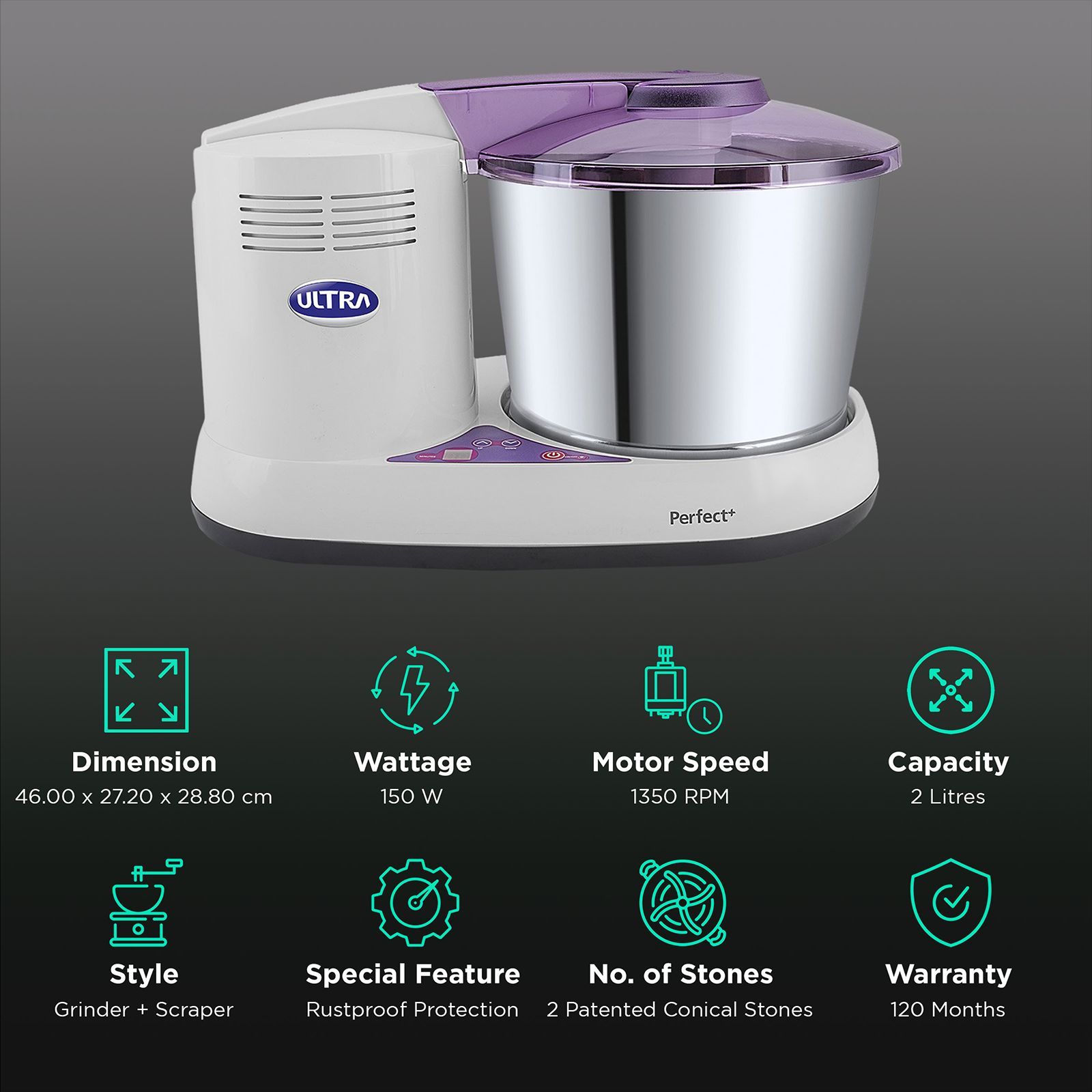 ELGI Ultra Perfect+ 2 Litres 2 Stones Wet Grinder (Shock Proof, Fortune White) ELGI Ultra Perfect+ 2 Litres 2 Stones Wet Grinder (Shock Proof, Fortune White)_2