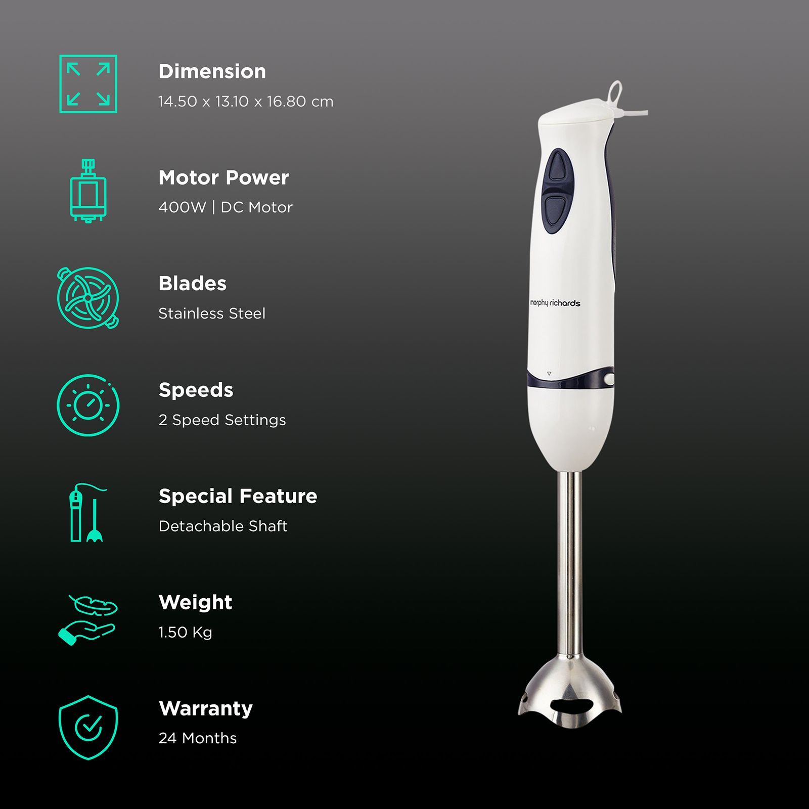 morphy richards HBCS 400 Watt 2 Speed Hand Blender with 2 Attachments (Easy Locking System, White)_2