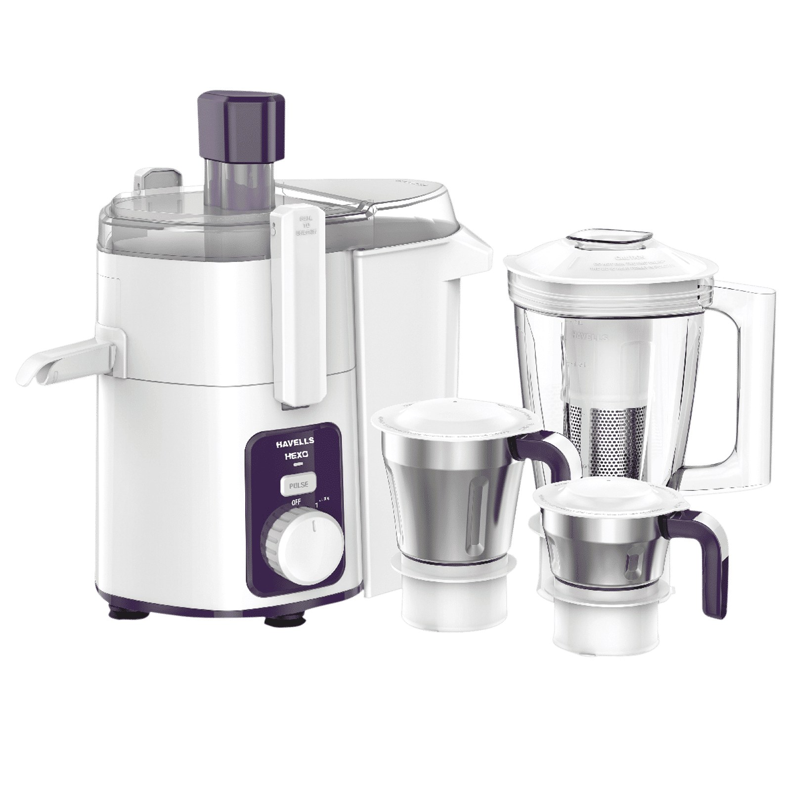 HAVELLS Hexo 1000 Watt 3 Jars Juicer Mixer Grinder (22000 RPM, ACS Technology, White/Purple)_1