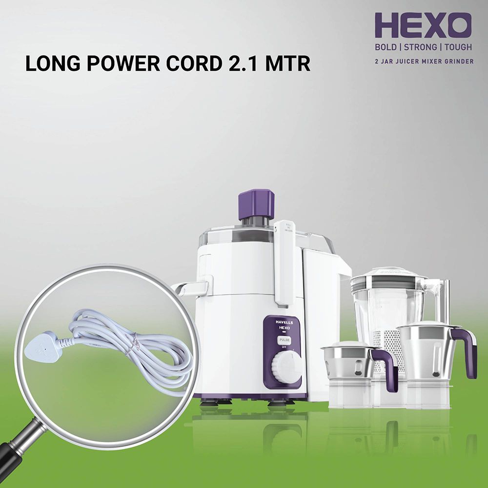 HAVELLS Hexo 1000 Watt 3 Jars Juicer Mixer Grinder (22000 RPM, ACS Technology, White/Purple)_6