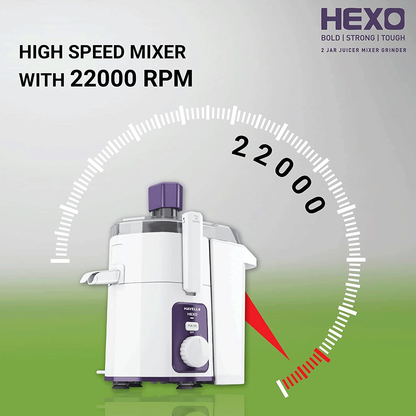 HAVELLS Hexo 1000 Watt 3 Jars Juicer Mixer Grinder (22000 RPM, ACS Technology, White/Purple)_9