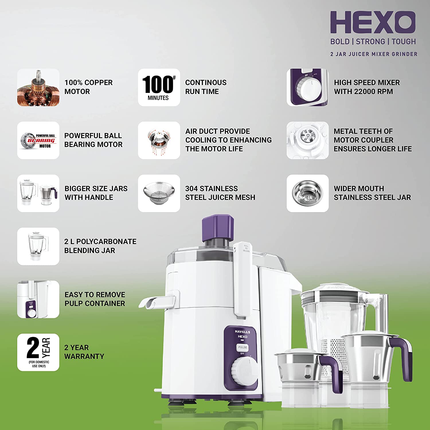 HAVELLS Hexo 1000 Watt 3 Jars Juicer Mixer Grinder (22000 RPM, ACS Technology, White/Purple)_12