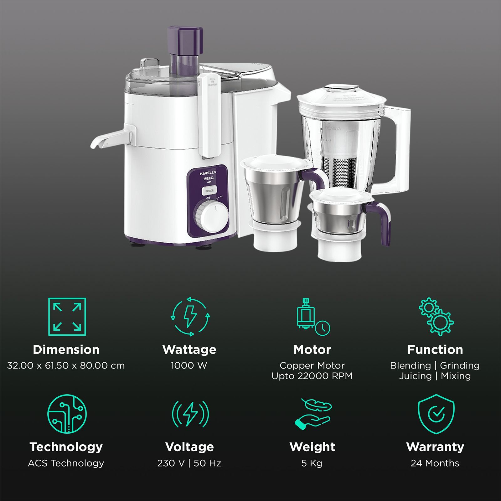 HAVELLS Hexo 1000 Watt 3 Jars Juicer Mixer Grinder (22000 RPM, ACS Technology, White/Purple)_2