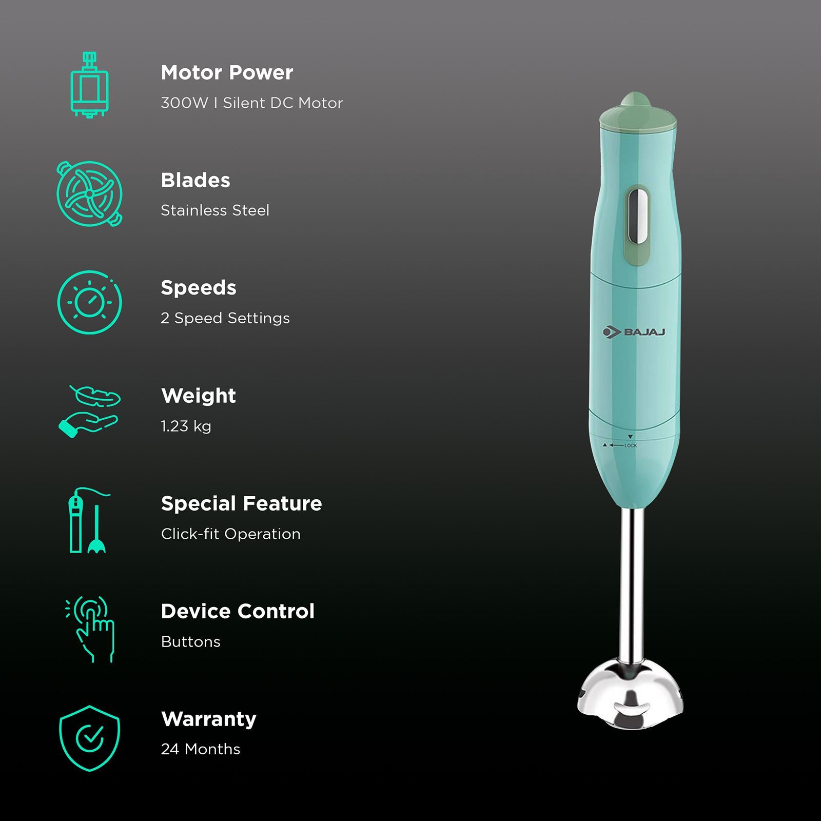 BAJAJ 410536 300 Watt Hand Blender (Single Silent DC Motor, Blue)_2