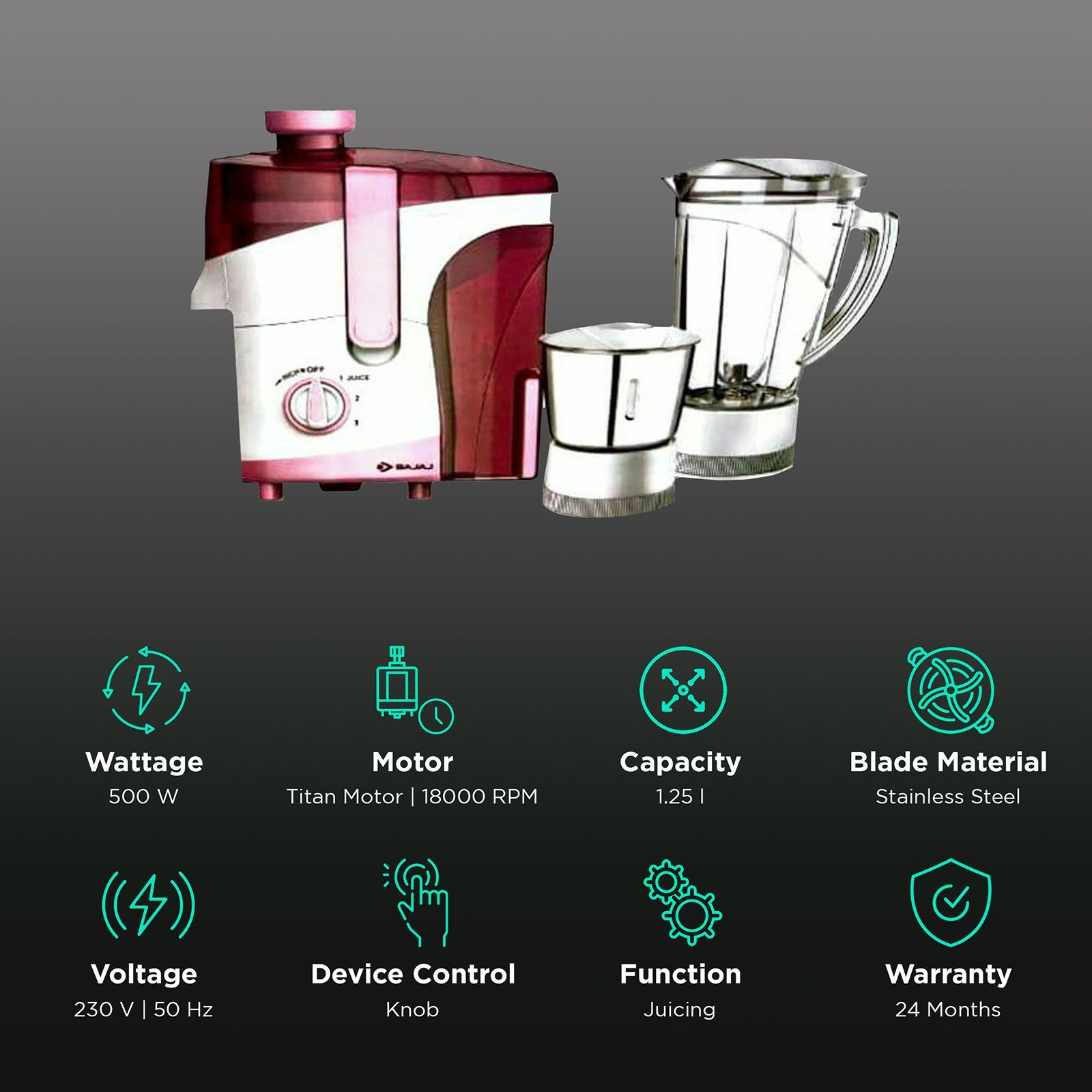 BAJAJ JX 20 500 Watt 2 Jars Juicer Mixer Grinder (18000 RPM, ISI Approved, White and Pink)_2