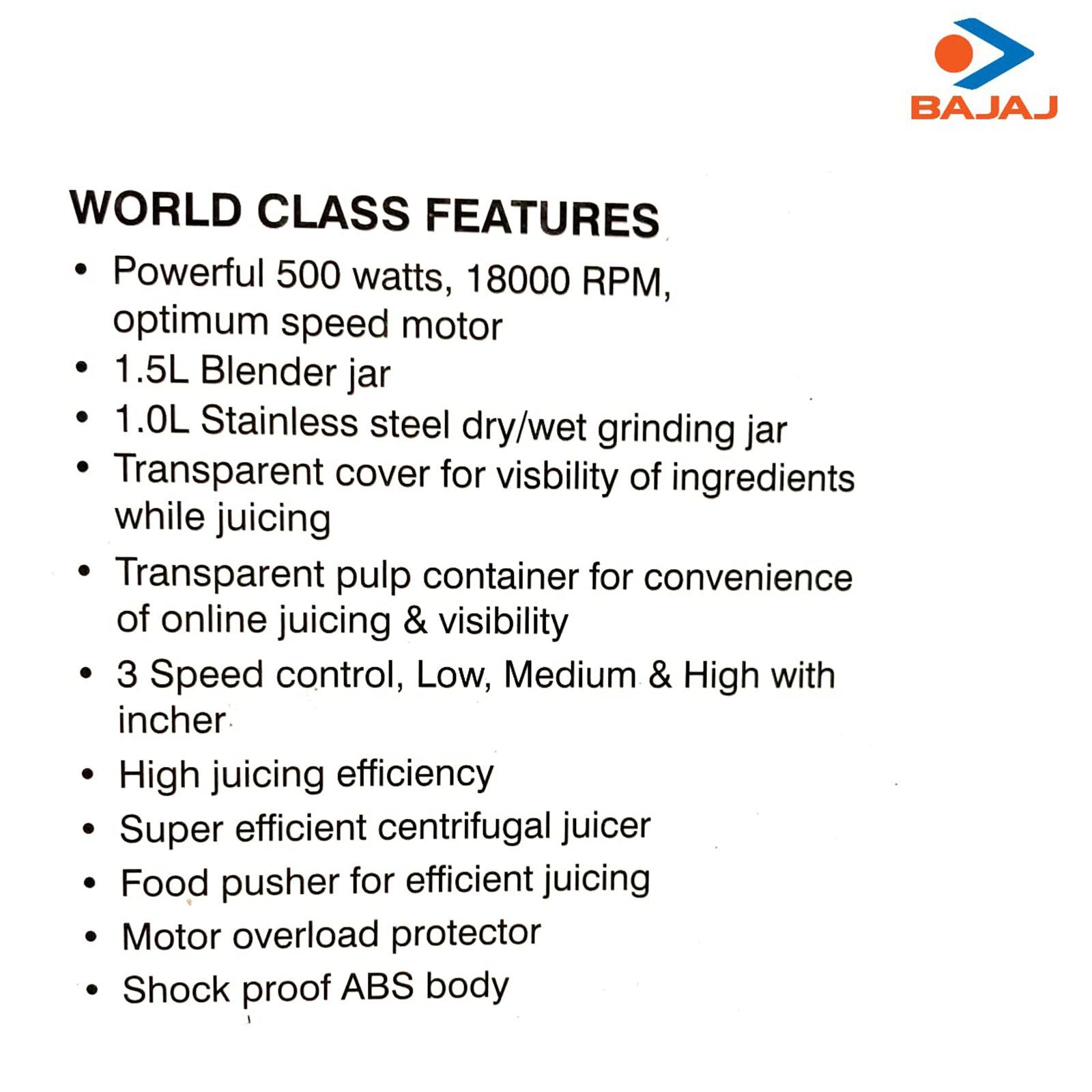 BAJAJ JX 30 500 Watt 3 Jars Juicer Mixer Grinder (18000 RPM, ISI Approved, White/Pink)_6