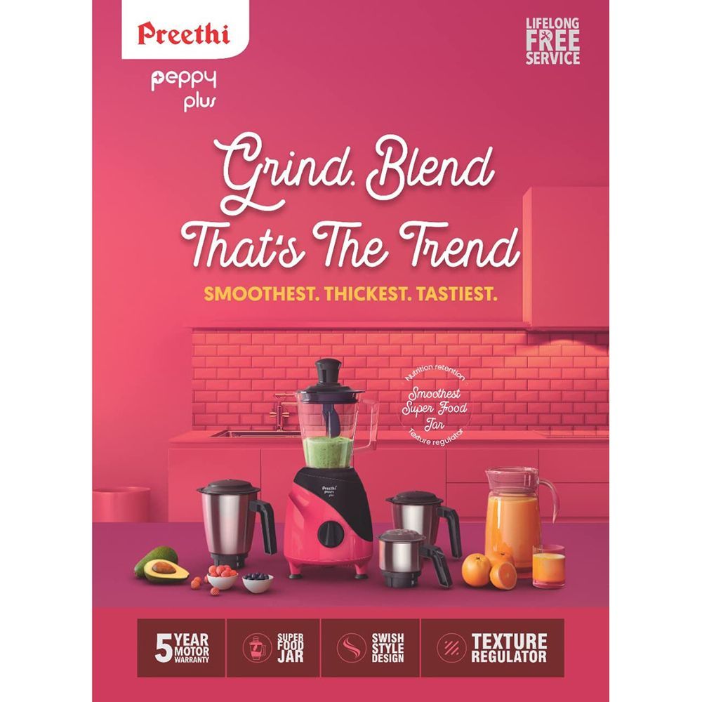 Preethi Peppy Plus 750 Watt 4 Jars Mixer Grinder (21000 RPM, Motor Cooling Booster Technology, Red & Black)_9