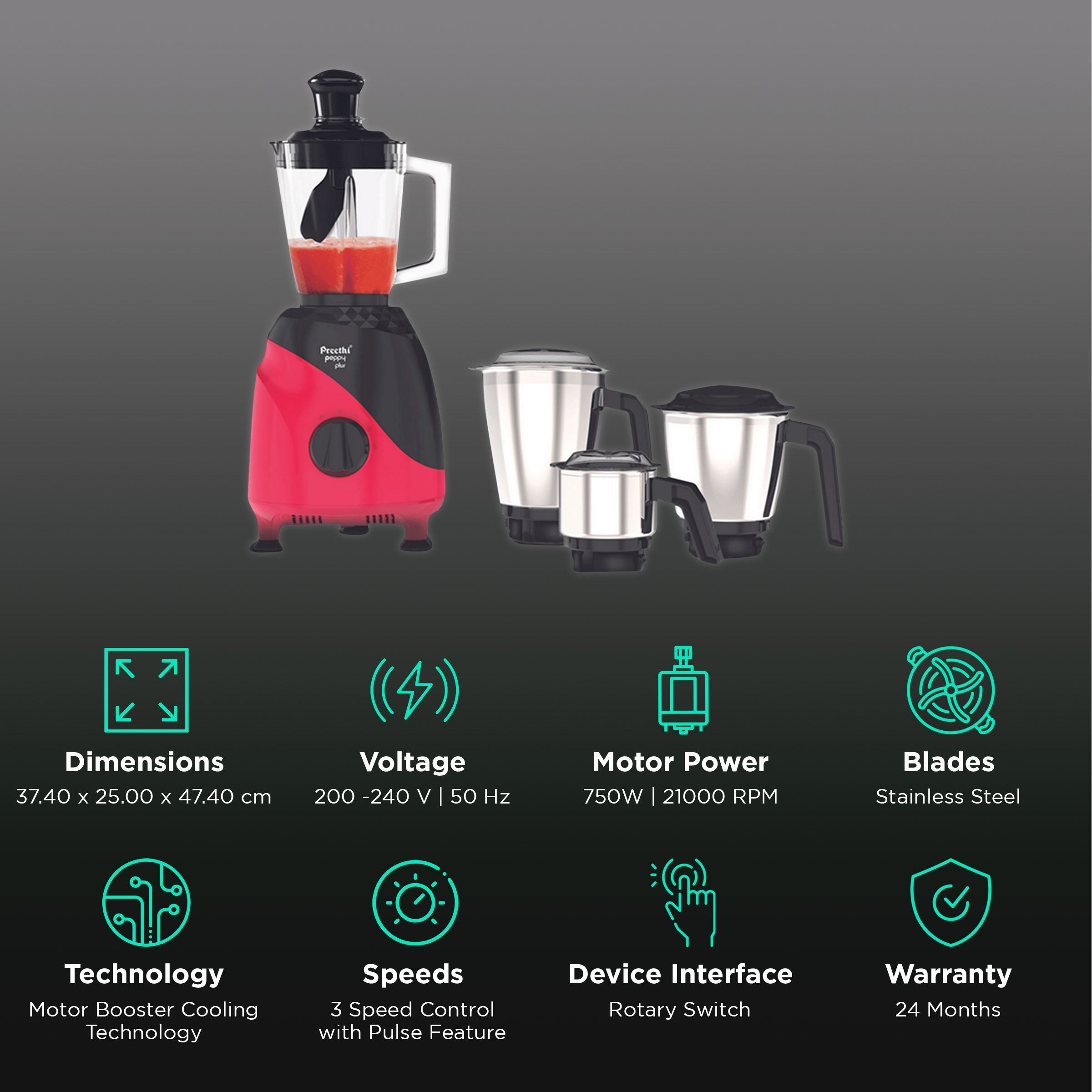 Preethi Peppy Plus 750 Watt 4 Jars Mixer Grinder (21000 RPM, Motor Cooling Booster Technology, Red & Black)_2