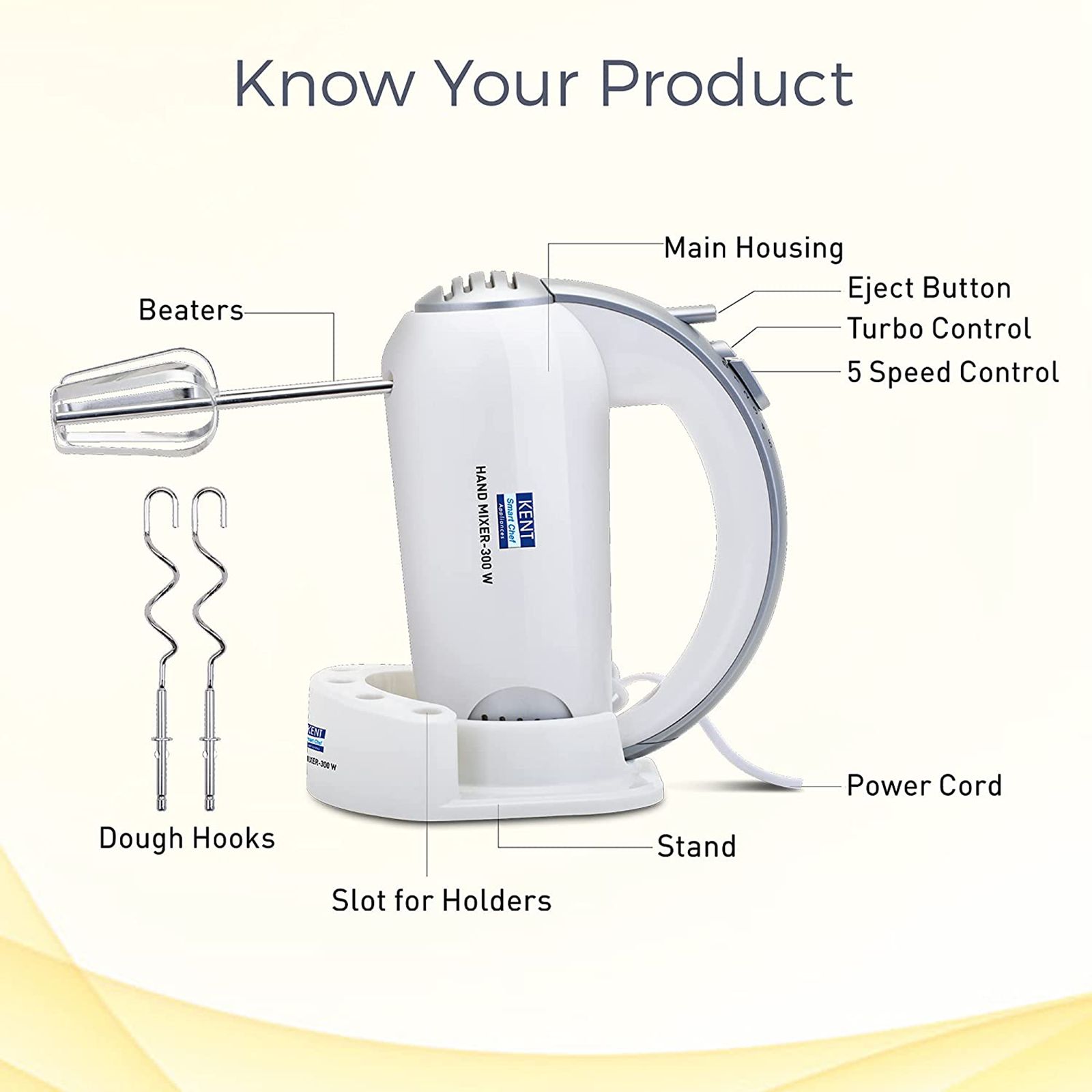 KENT 300 Watt 5 Speed Hand Blender with 4 Attachments (Overload Protection, White)_4