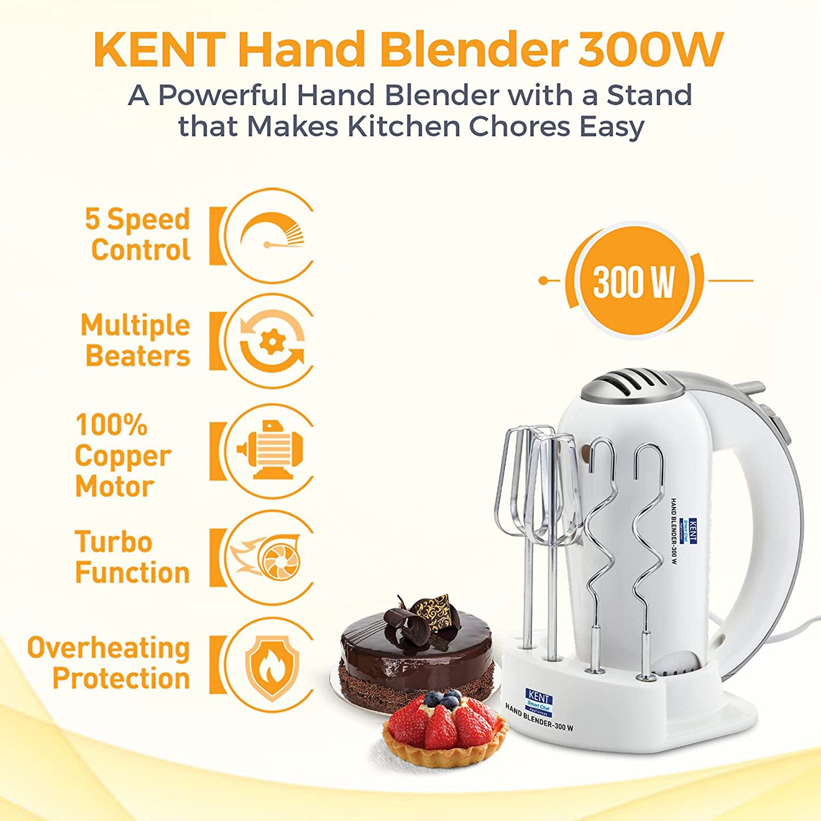 KENT 300 Watt 5 Speed Hand Blender with 4 Attachments (Overload Protection, White)_6