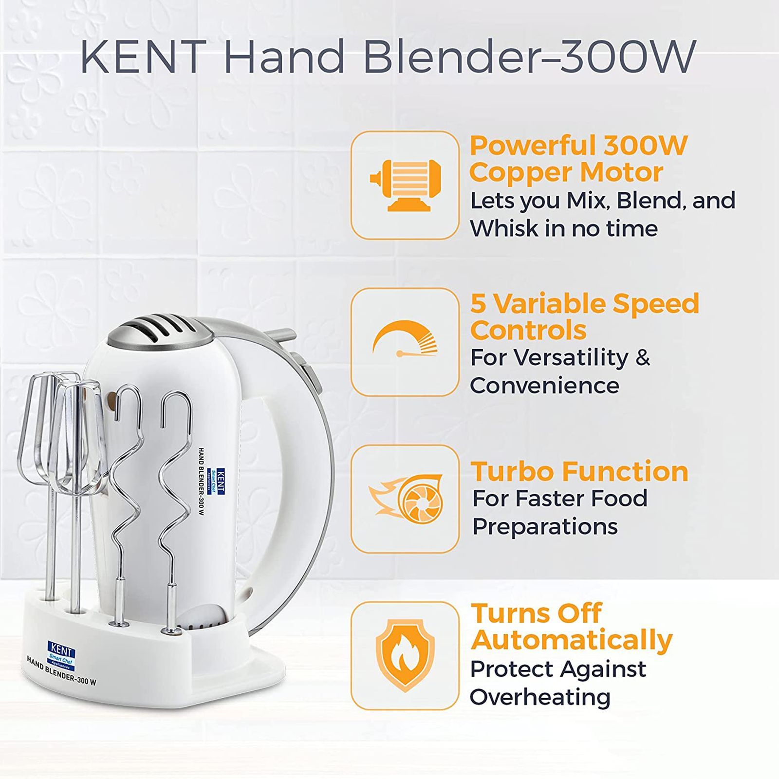 KENT 300 Watt 5 Speed Hand Blender with 4 Attachments (Overload Protection, White)_7