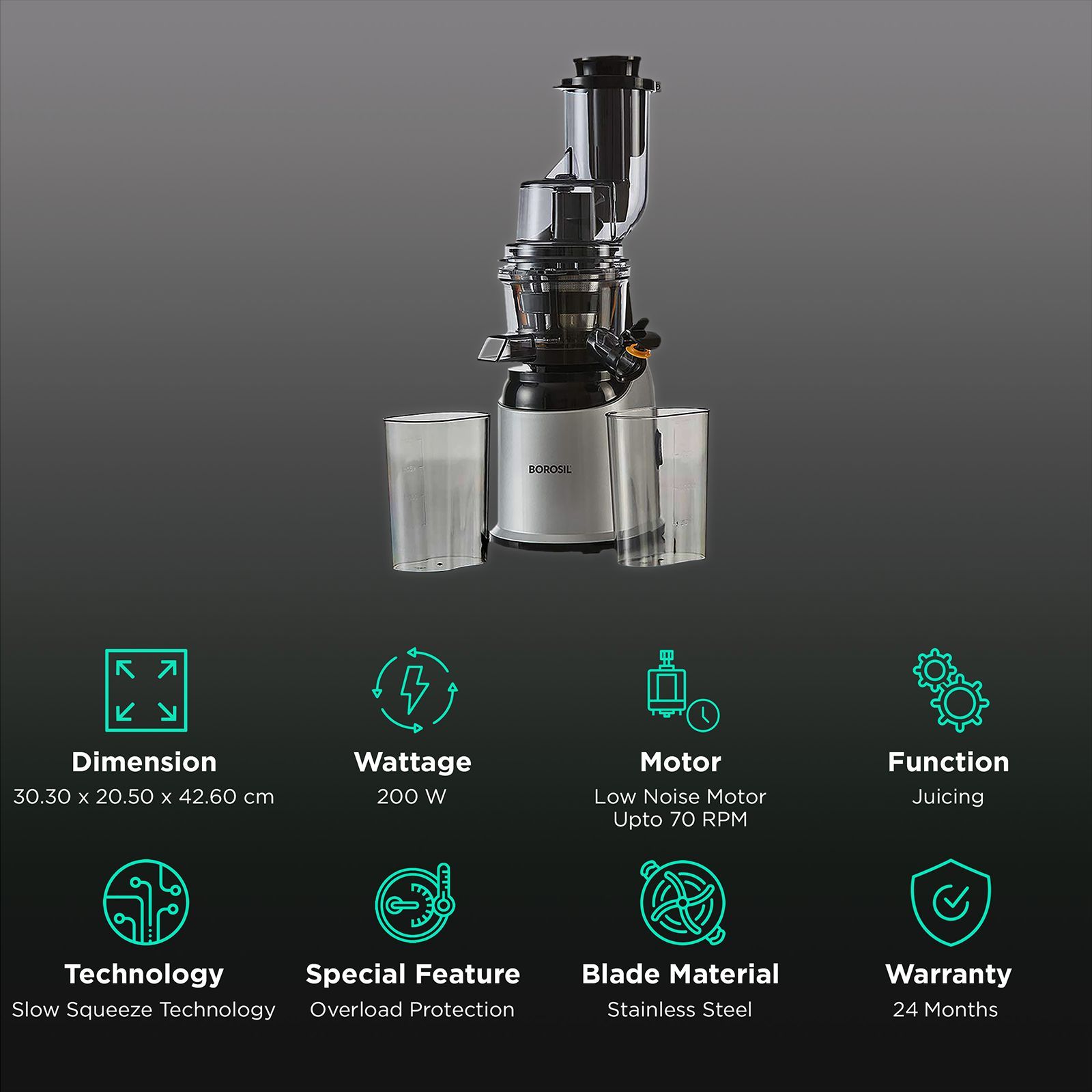 BOROSIL HealthPro 200 Watt Cold Press Slow Juicer (70 RPM, Slow Squeeze Technology, Black/Silver) BOROSIL HealthPro 200 Watt Cold Press Slow Juicer (70 RPM, Slow Squeeze Technology, Black/Silver)_2