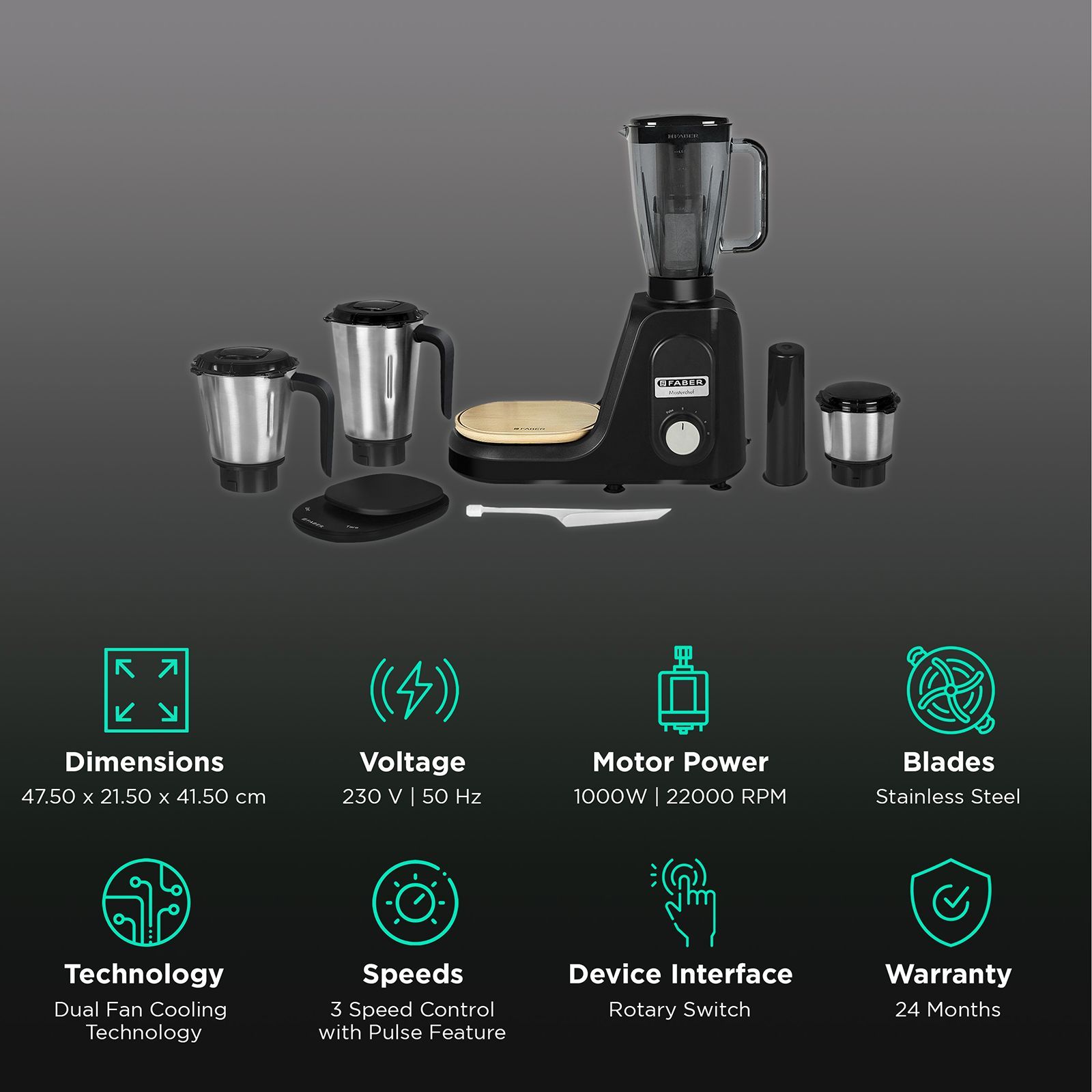 FABER Master Chef 1000 Watt 4 Jars Juicer Mixer Grinder (22000 RPM, Dual Fan Cooling, Black)_2